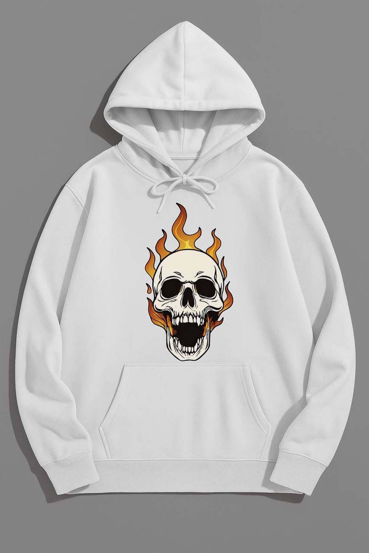 CLASSY.MODA-Flame Skull Patterned Hooded Sweatshirt 1