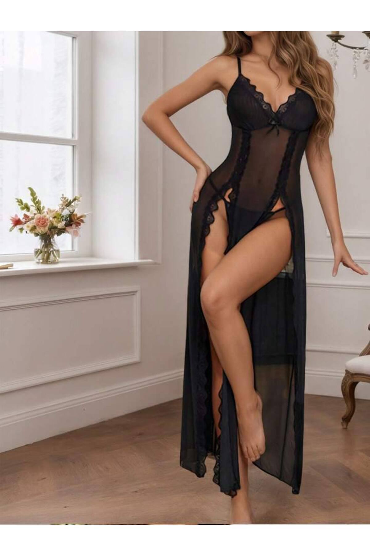 BLACK  Kadın Gecelik Dantel Detaylı Uzun Askılı Gecelik – Zarif Çift Yırtmaçlı - Görsel 3