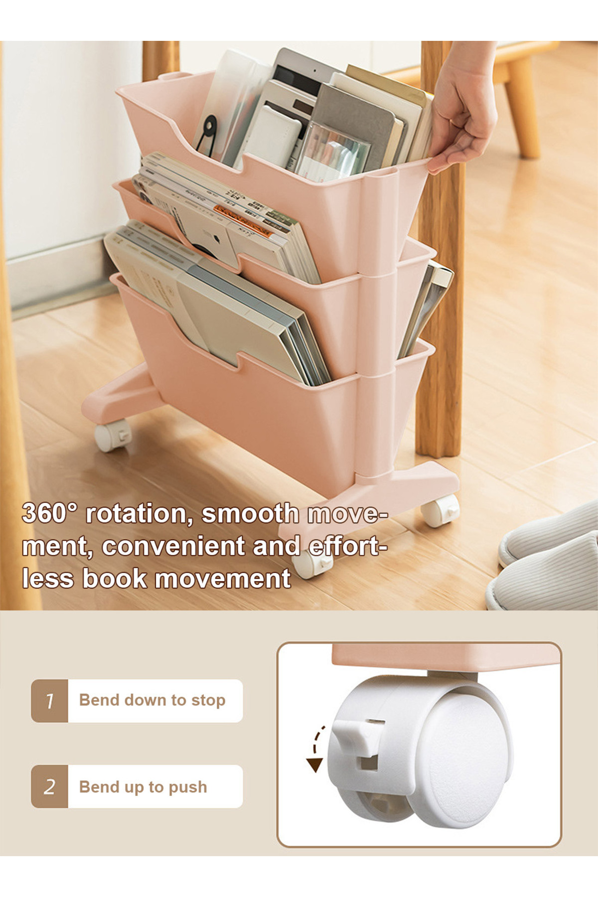 KidLe-3 Tier Slim Rolling Utility Cart with Wheels, Movable Unique Bookcase with 3 Drawers 4
