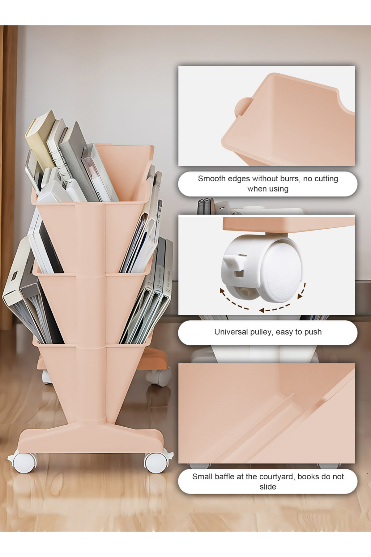 KidLe-3 Tier Slim Rolling Utility Cart with Wheels, Movable Unique Bookcase with 3 Drawers 7