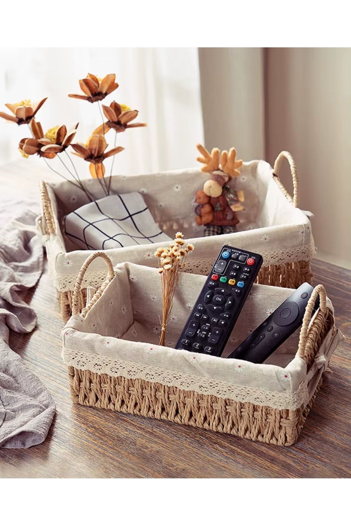 Cozy Nest-Set of 2 Handwoven Storage Baskets with Handles Rectangular Woven Bins with Removable Fabric Liners 1