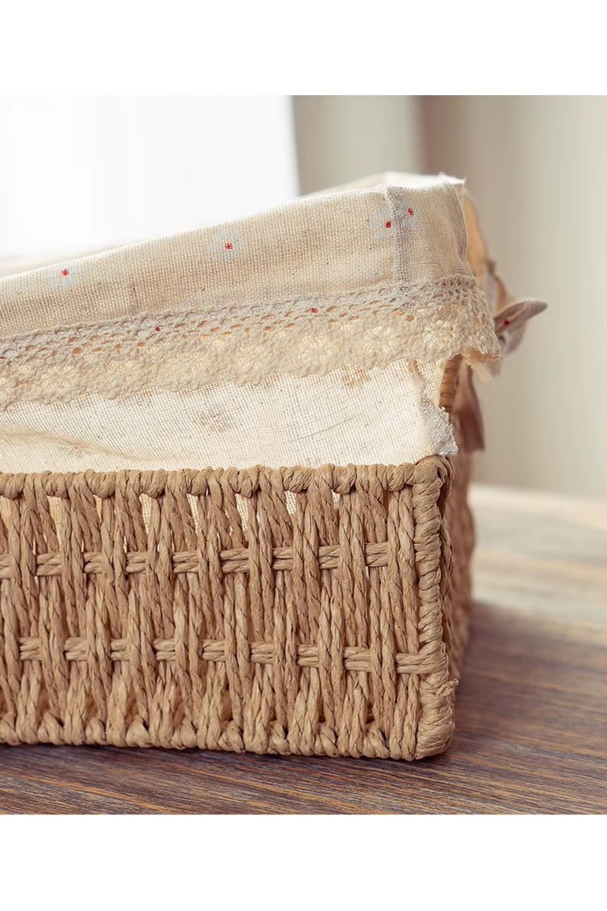 Cozy Nest-Set of 2 Handwoven Storage Baskets with Handles Rectangular Woven Bins with Removable Fabric Liners 7