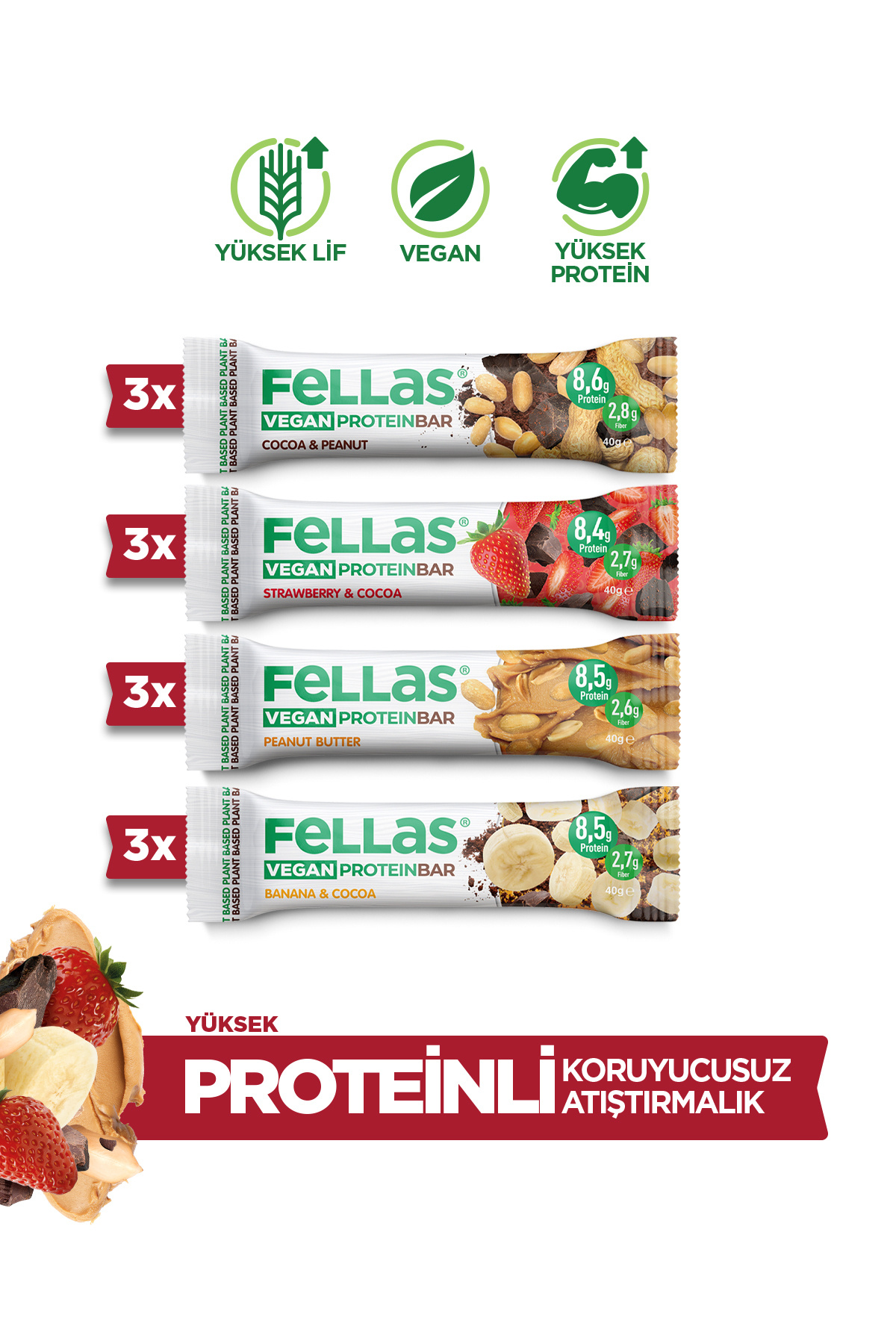 Fellas Vegan Protein Bar 40g Karma Kutu 12 Adet (4 ÇEŞİT)