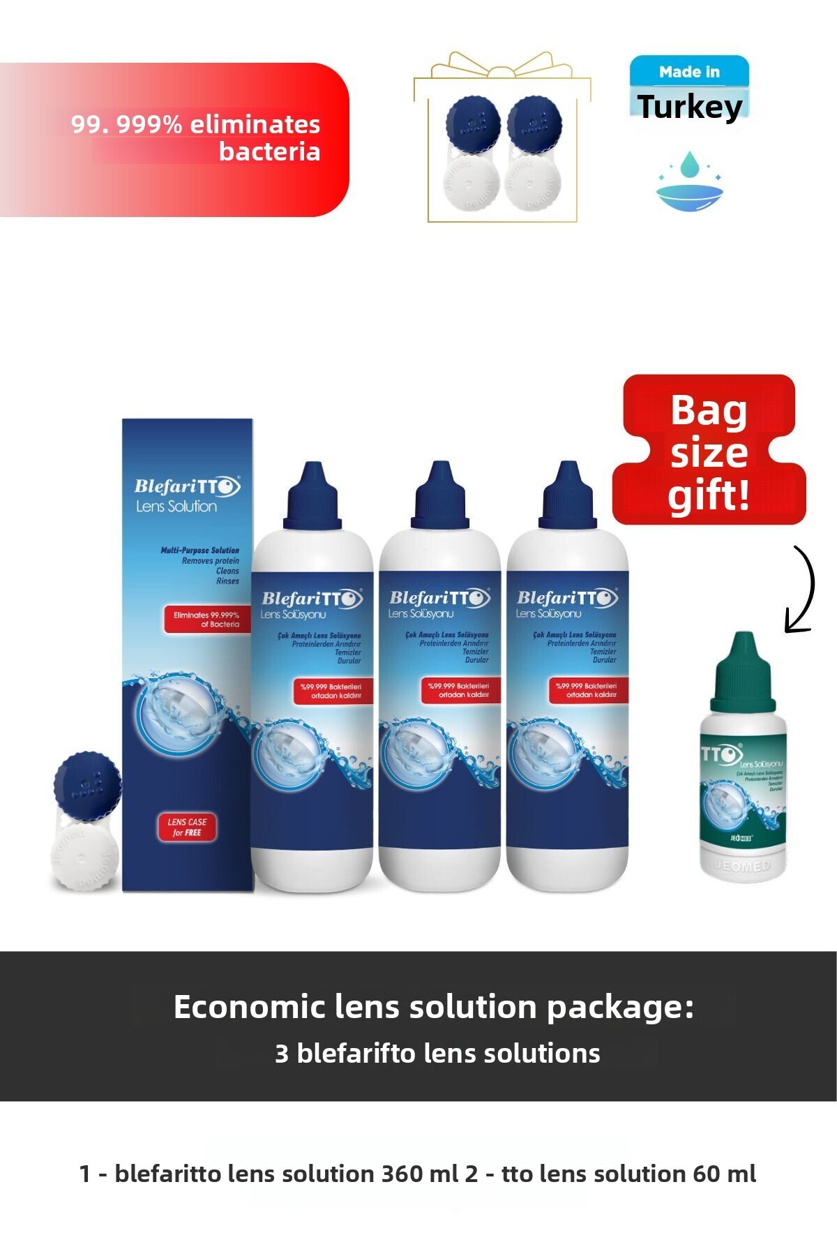 TTO-Bleffaritto Lens Solution 360 ml Set of 3 Pcs + Tto 60 ml Bag Size Lens Solution Gift 1