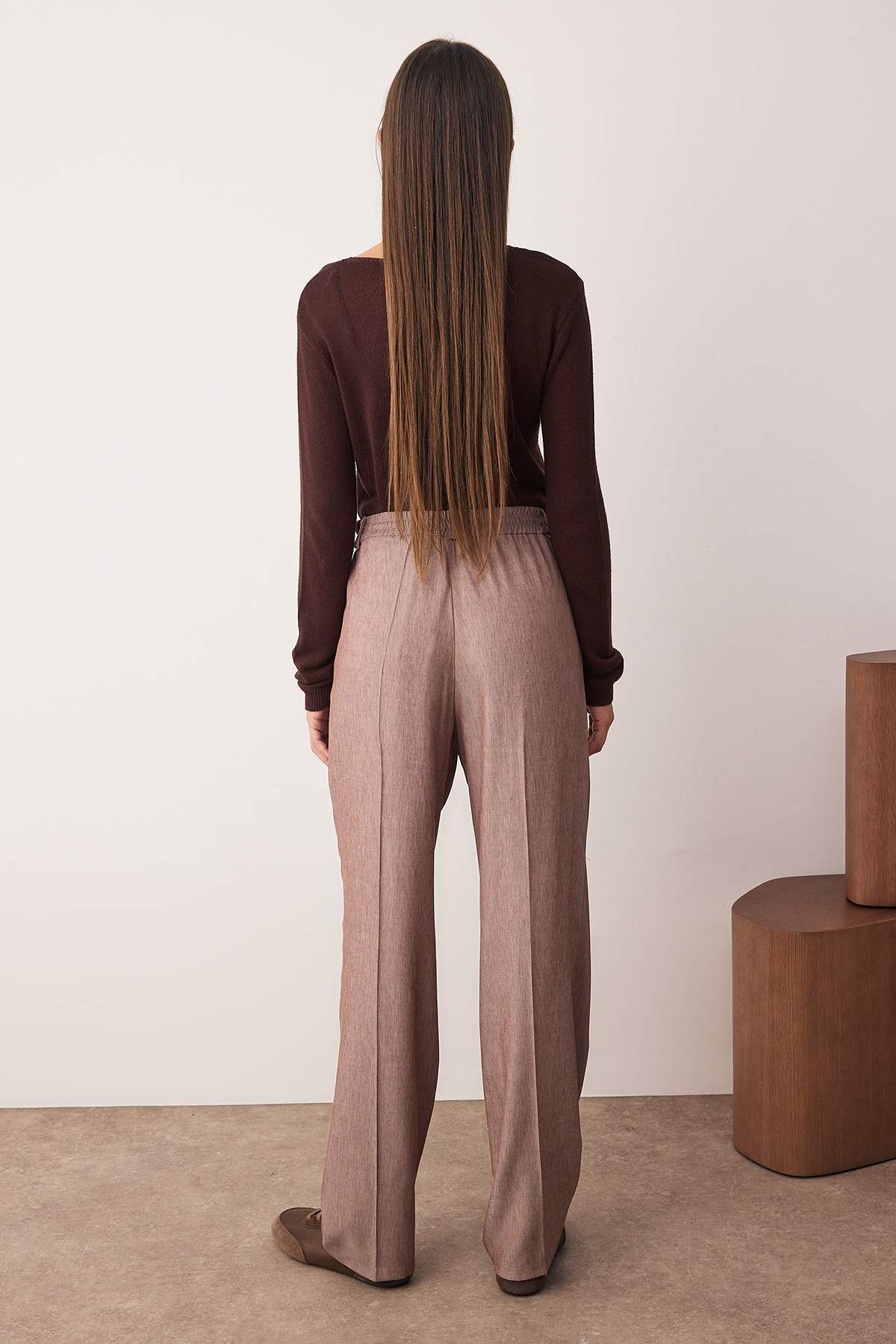 Trendyolmilla  Kahverengi Pilili Wide Leg/Geniş Paça Pantolon TWOAW26PL00015 - Görsel 6