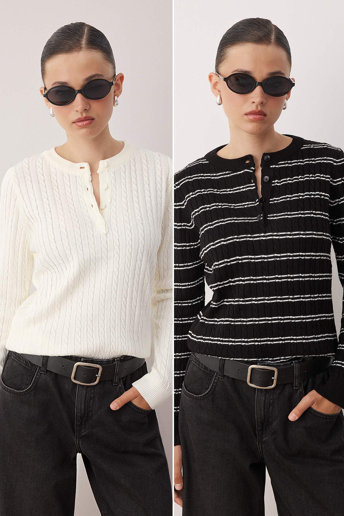 Trendyolmilla  Siyah-Ekru*001 Bisiklet Yaka 2'li Triko Kazak TWOAW26KZ00187