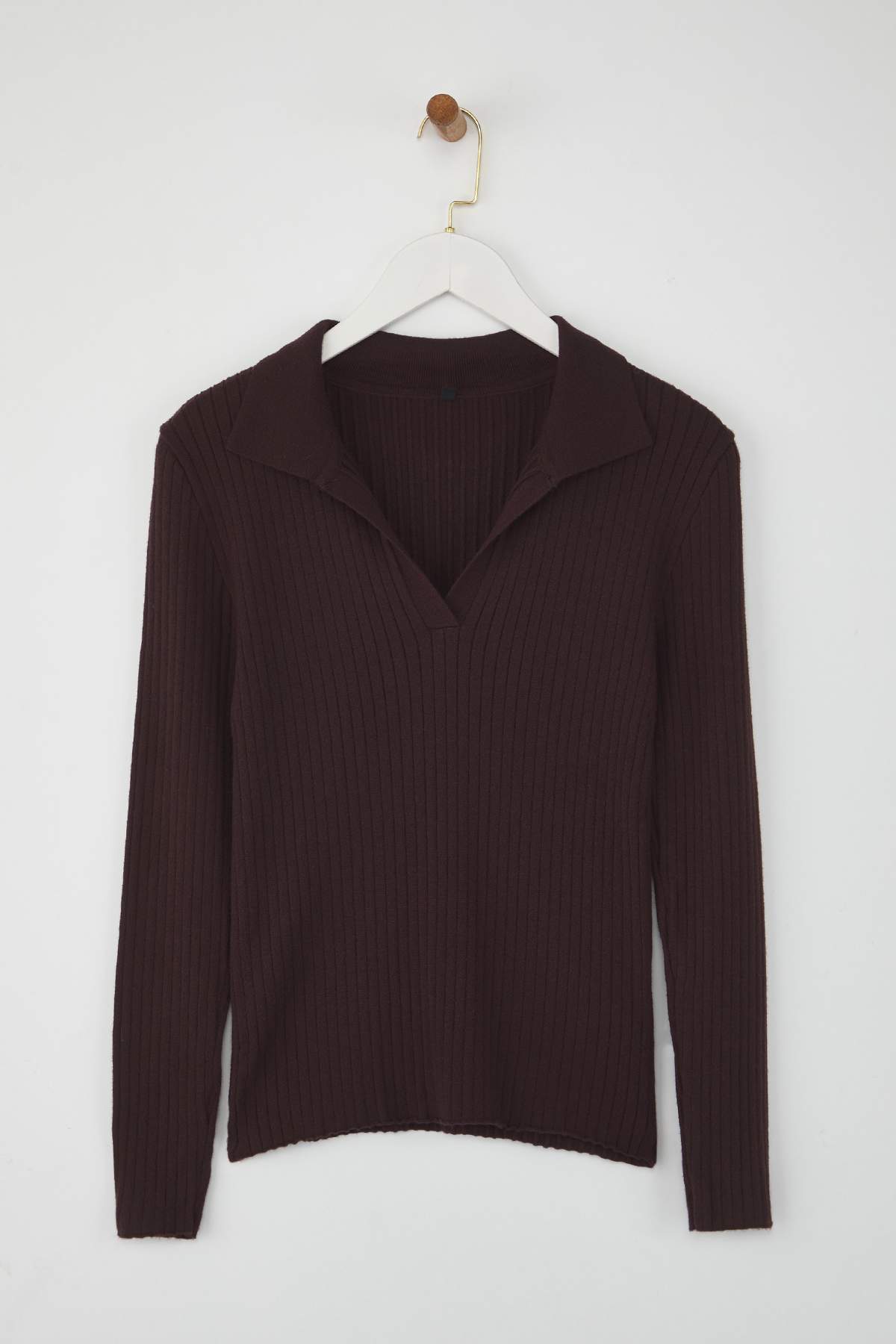 Trendyolmilla  Wardrobe Essentials Kahverengi Premium İplikPolo Yaka Fitilli Triko Kazak | TWOAW26KZ00077 - Görsel 5