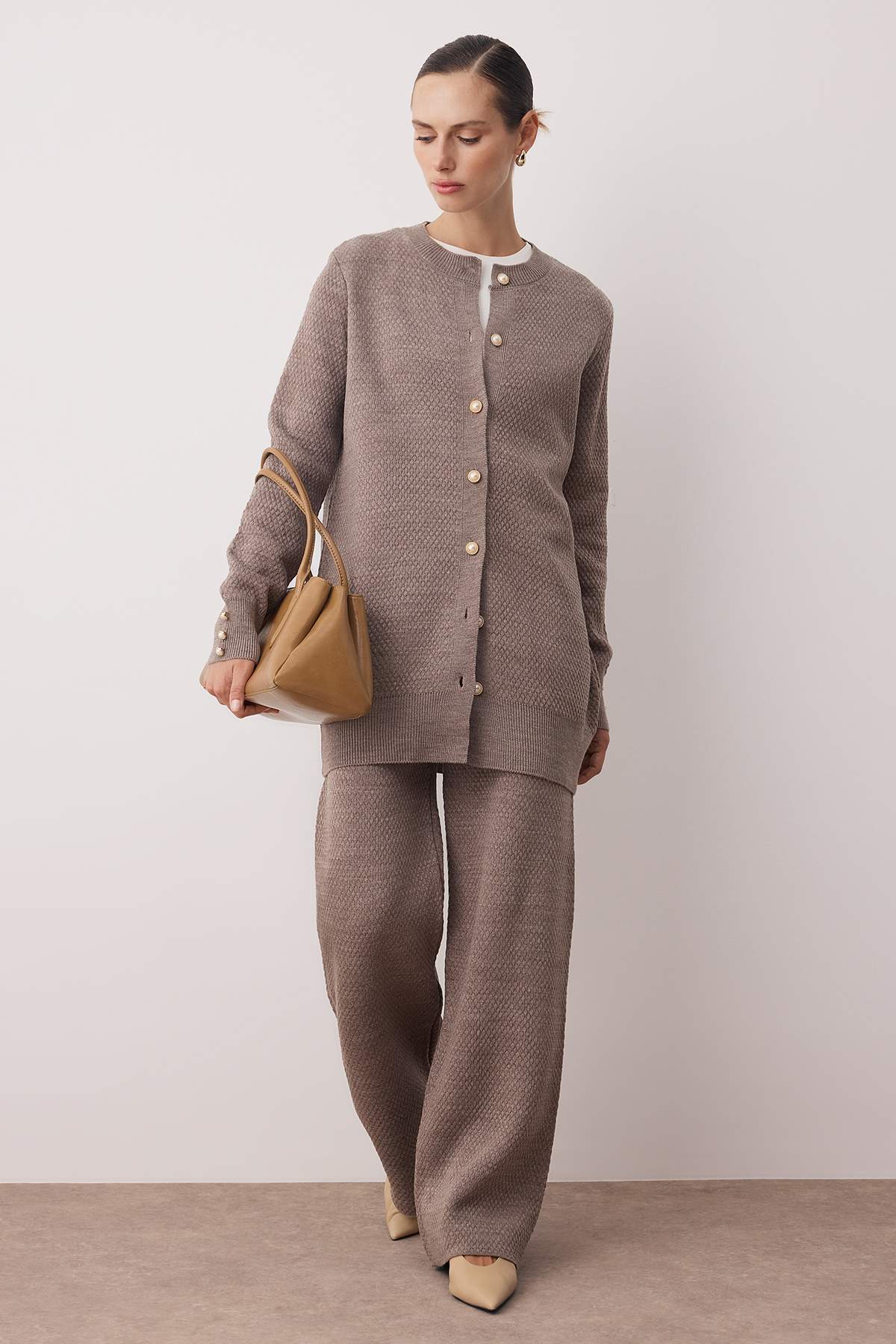 Trendyol Modest Sada spodního a horního úpletu s perlovými knoflíky Mink TCTAW25US00035