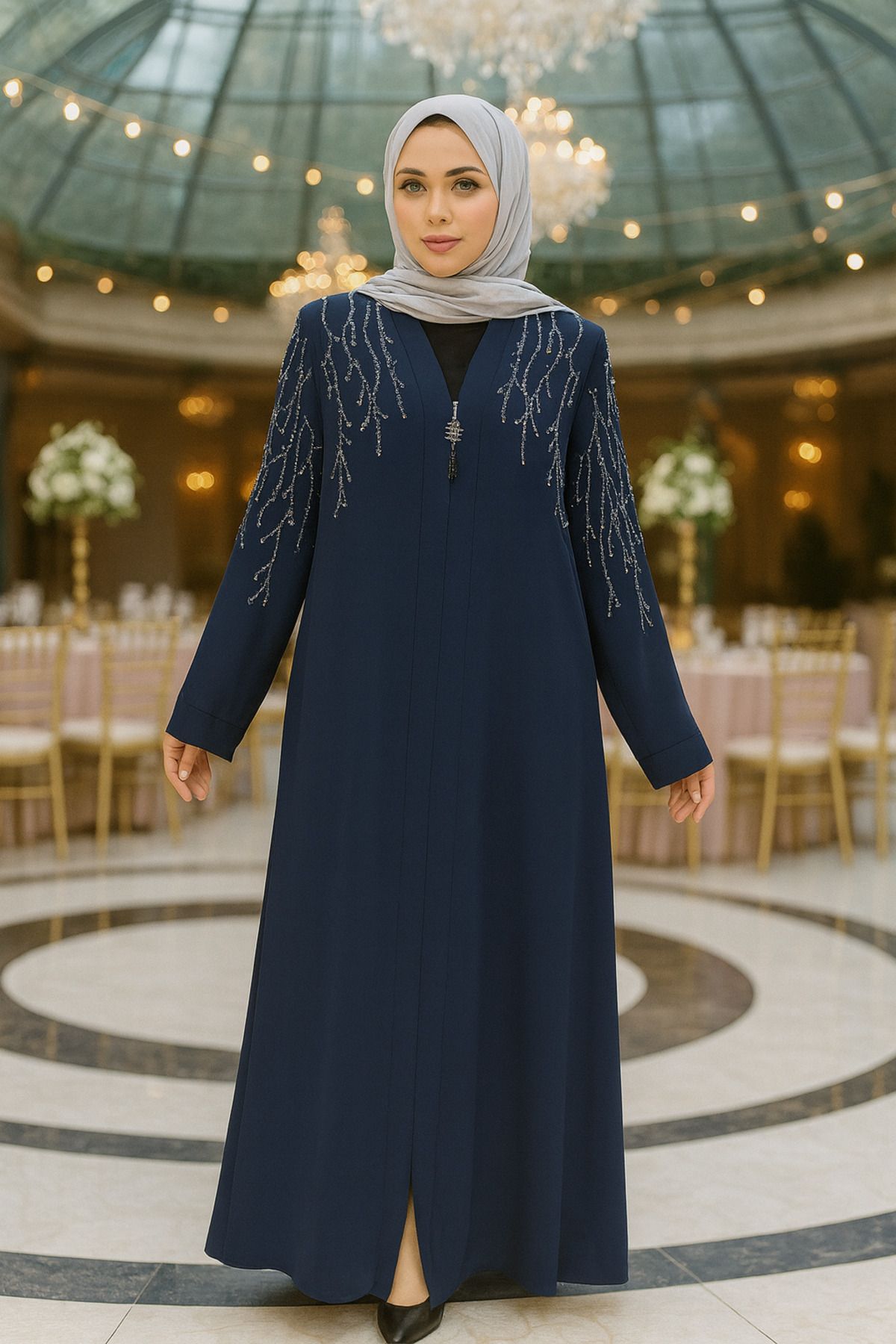 Neva Style-Navy Blue Hijab Abaya - Bead Embroidered, Model 29110L 1
