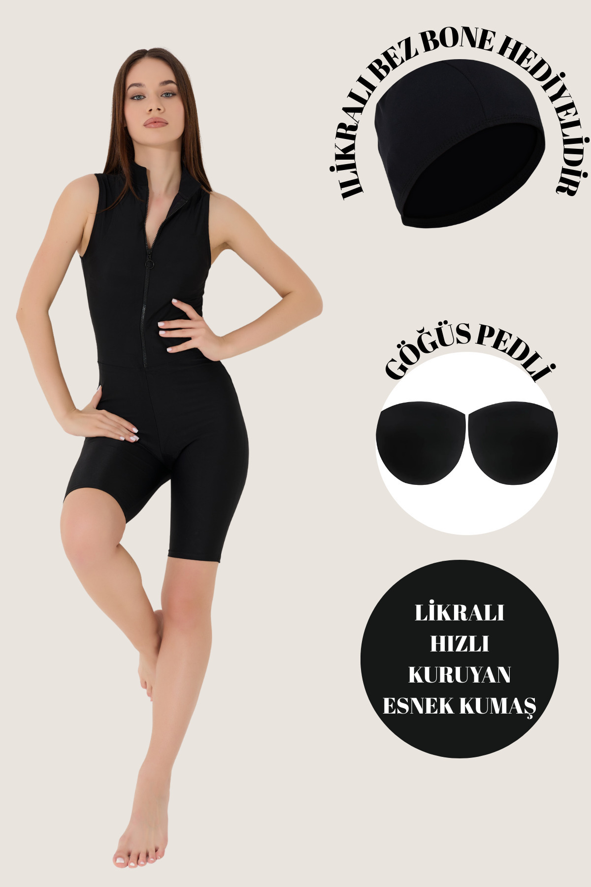 myfirstsea Kadın Sıfır Kol Fermuarlı Diz Altı Tulum Yüzücü Mayo (Likralı Bez Bone)