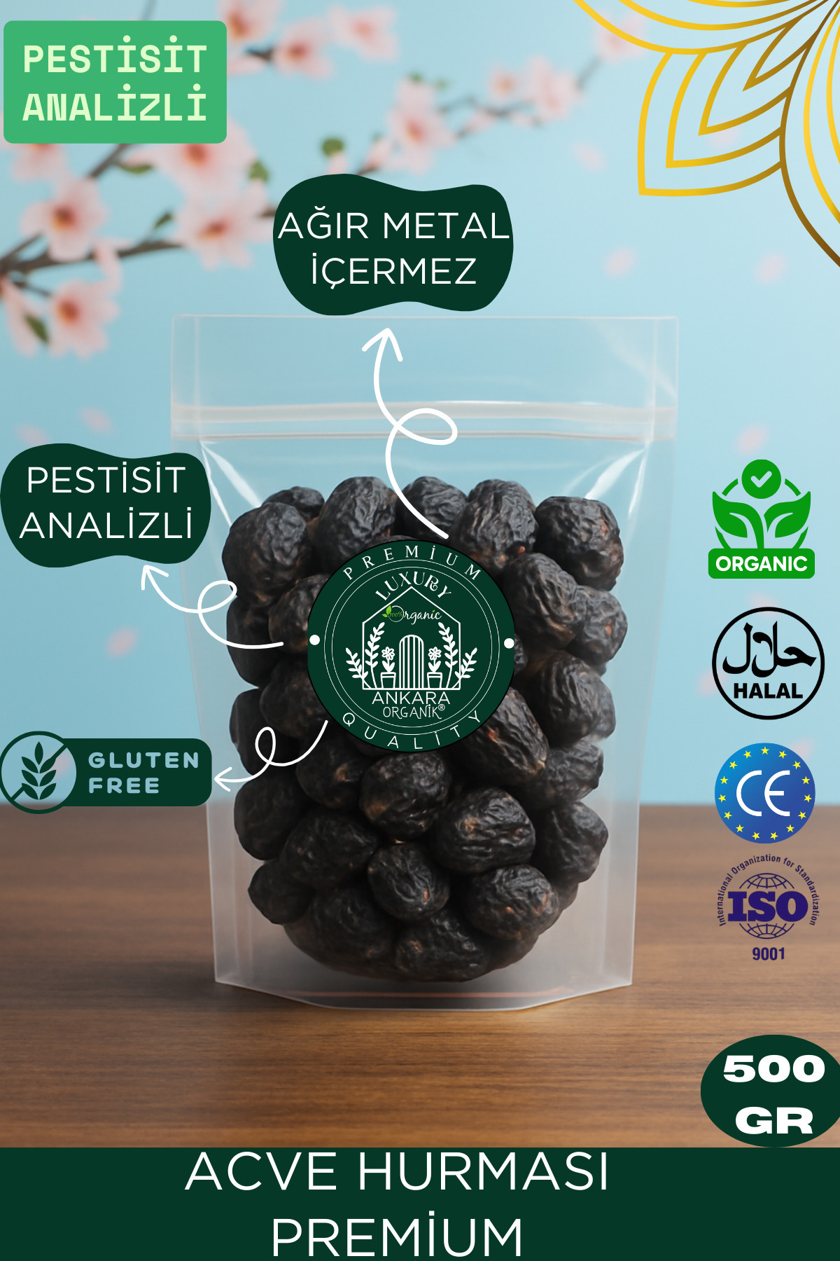 Ankara Organik Acve Hurma Lüks - Peygamber Hurması (Pestisit,Ağır Metal Analizli) 500GR