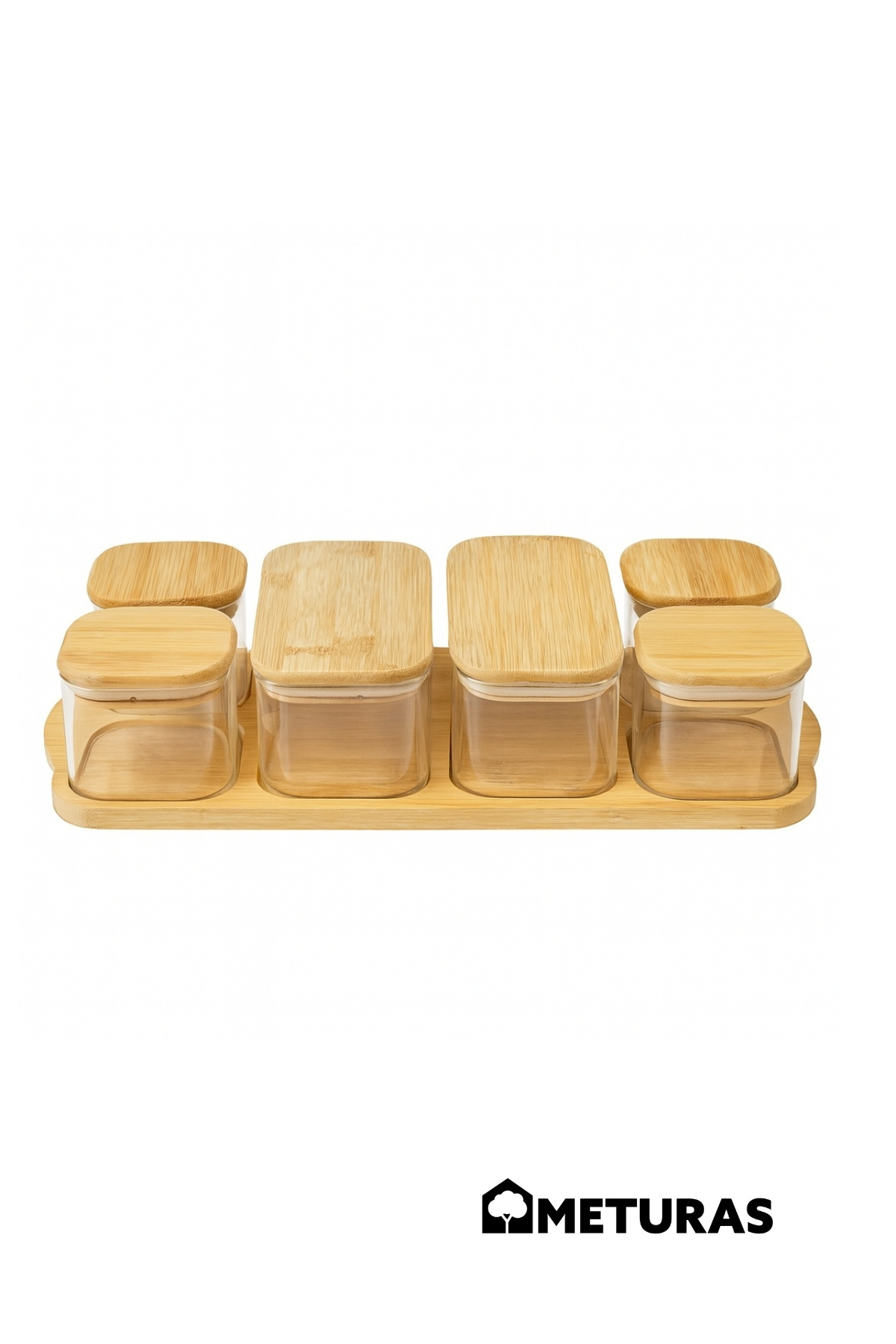 Meturas-6 Piece Glass Storage Container Set with Bamboo Lid Tray Breakfast Set 4X240 - 2X480 ml Rectangular 2