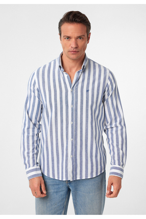 Williot Jorge Erkek Regular Fit Çizgili Keten Görünümlü Uzun Kollu Köpek Nakı...