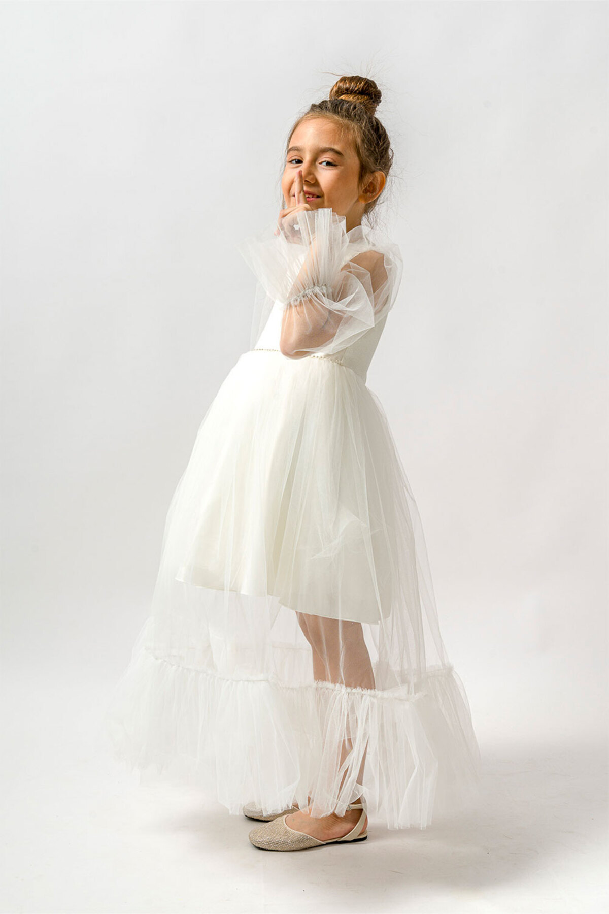 Le Mabelle-Ecru Sleeves Tulle Detailed Stoned Long Dress for Girls - Calla 2