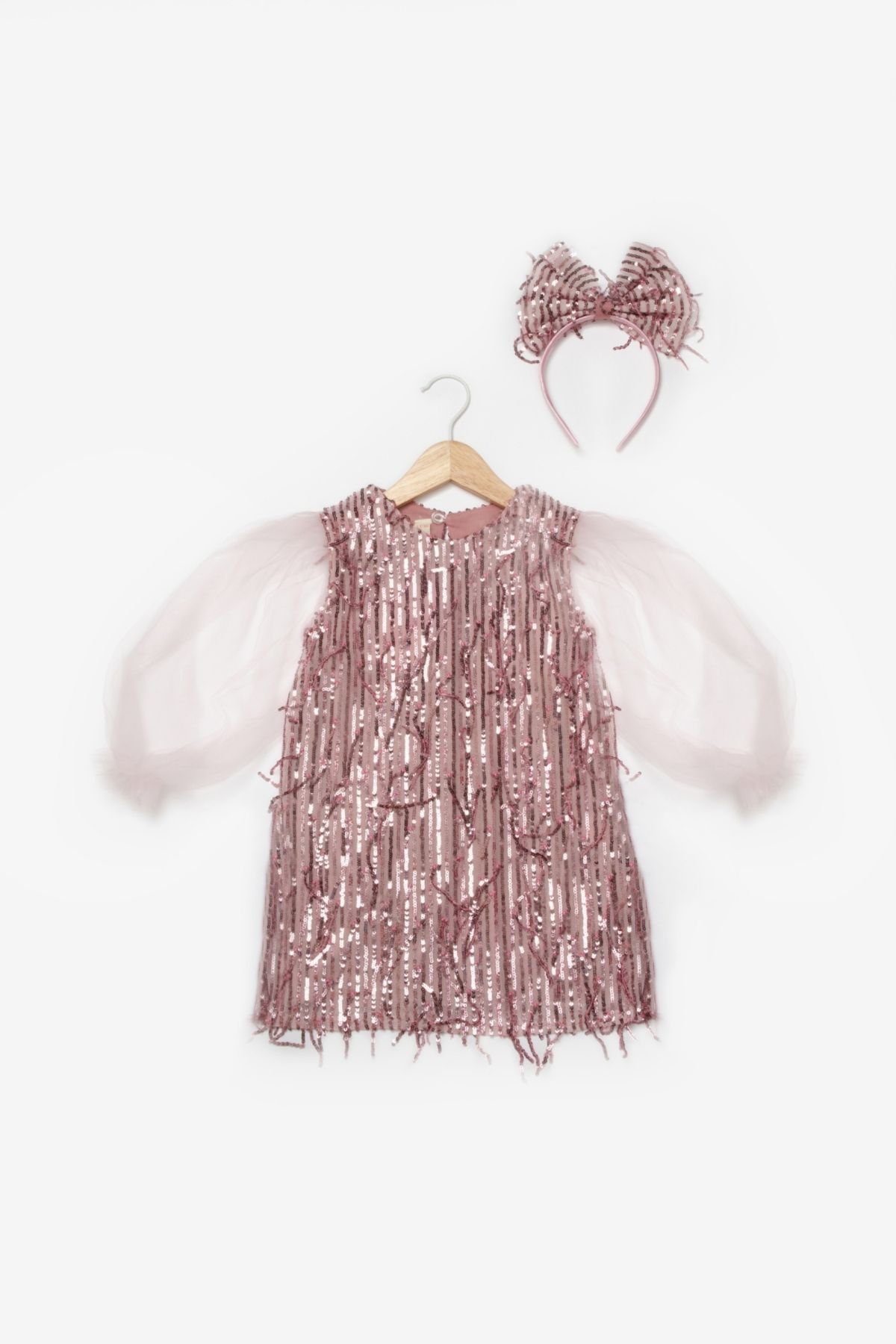 Le Mabelle-Emery Girls Dress - Ροζ παγιέτες και λεπτομέρεια με κρόσσια 4