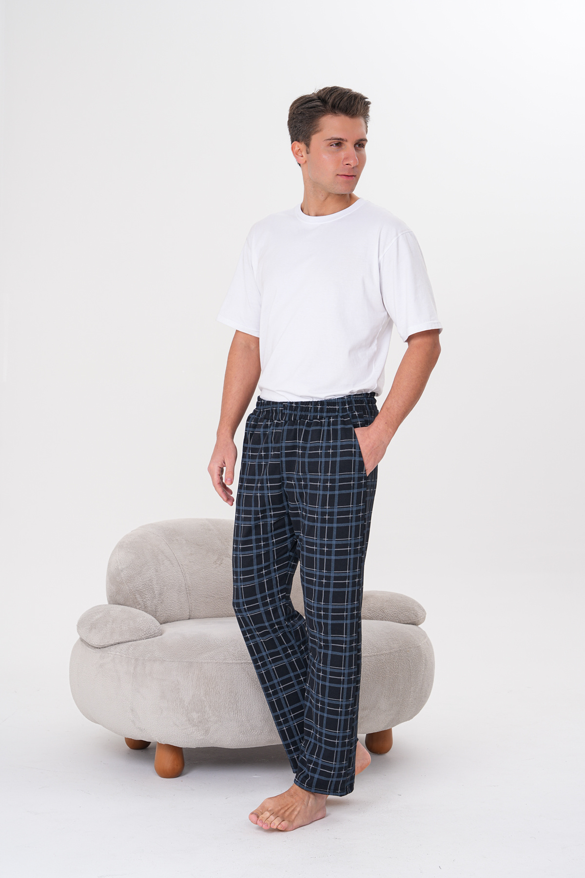 Pijamasoft Erkek Pamuklu Cepli Ekose Baskılı Beli Lastikli Şık Ve Rahat Yazlık Pijama Altı Siyah 04