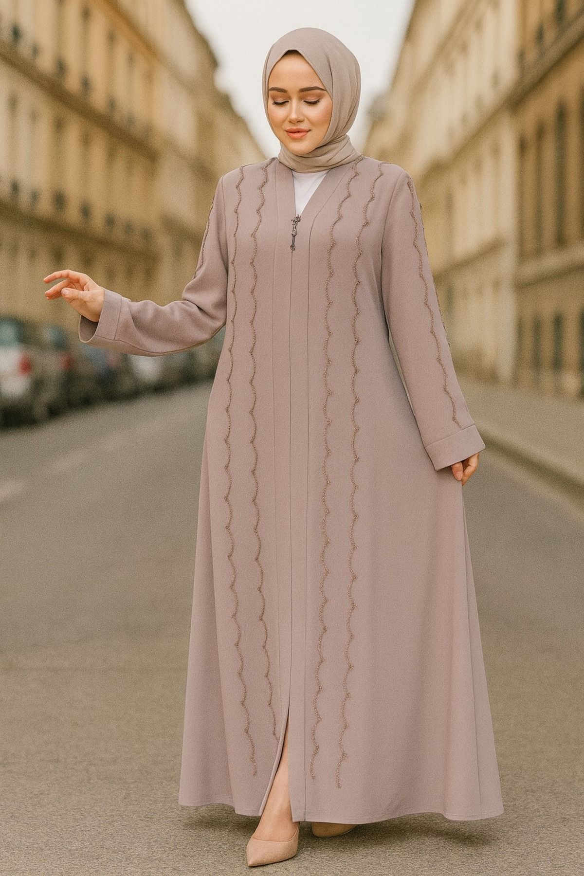 Neva Style-Hijab Bej Ferace - Brodat cu margele, Model 29113BEIG 1