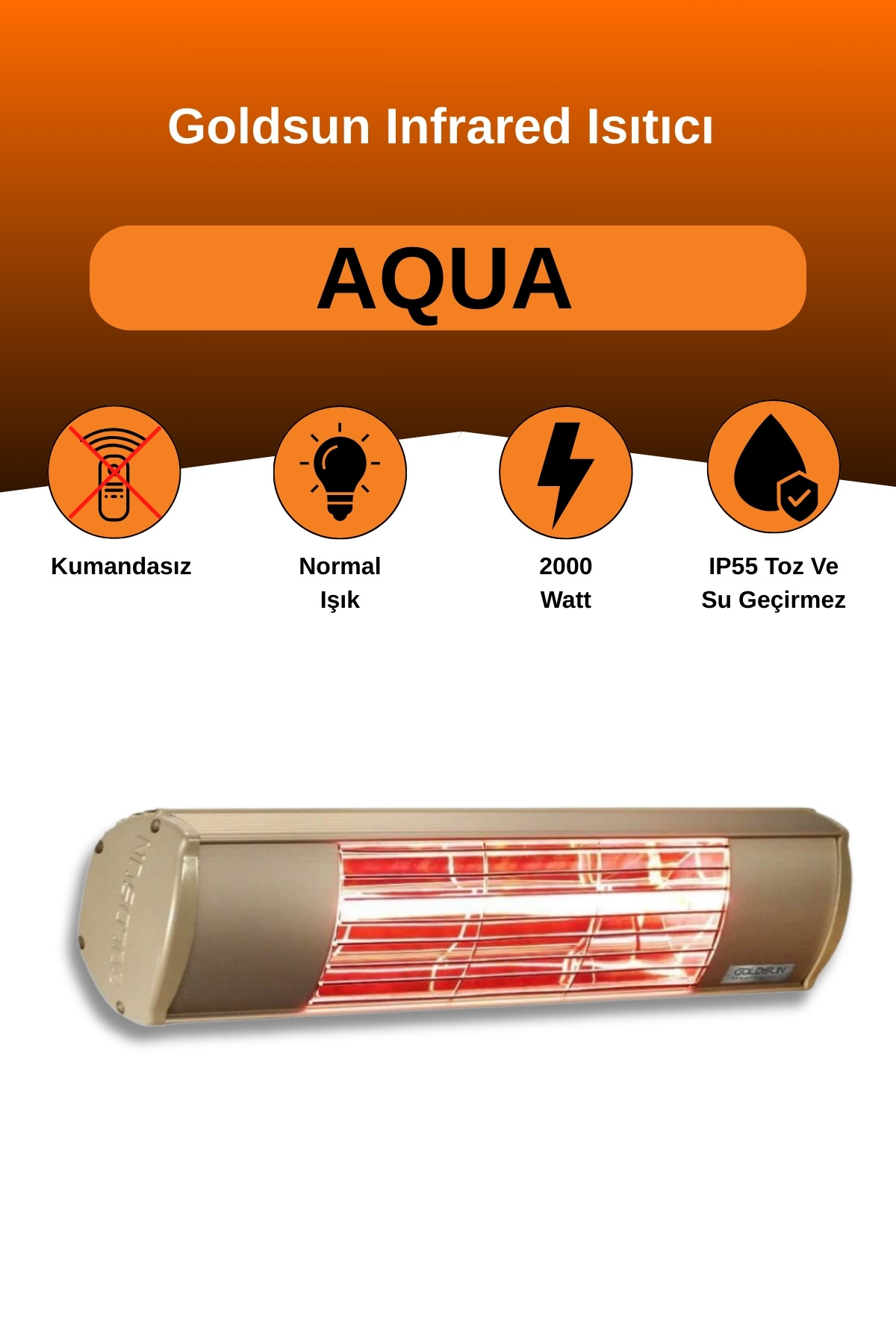 GOLDSUN Aqua 2000 Watt GSA20 Kumandasız Suya Dayanıklı Elektrikli İnfrared Isıtıcı-Bej