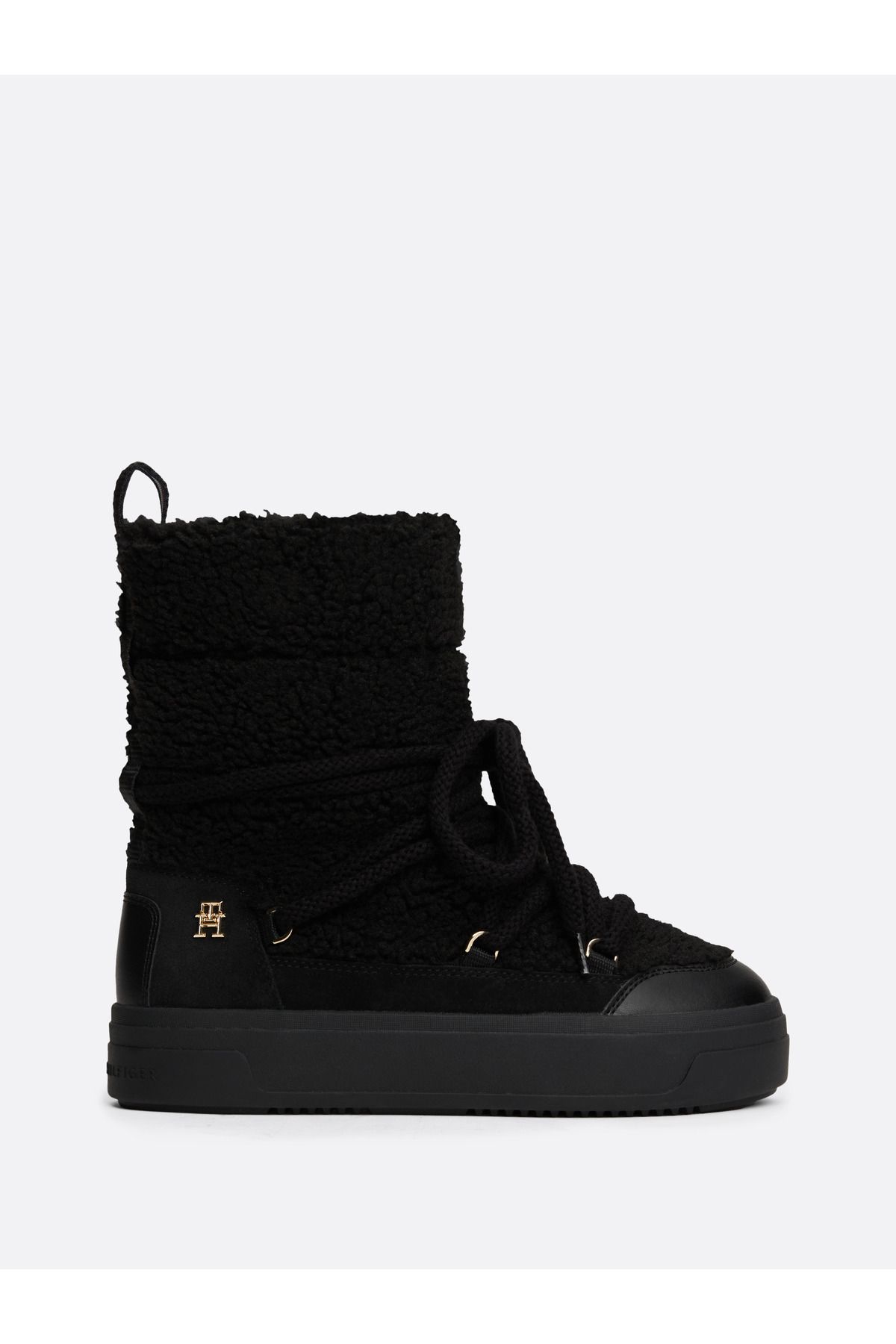 Tommy Hilfiger-Dámske čierne čižmy na šnurovanie Faux Shearling 1
