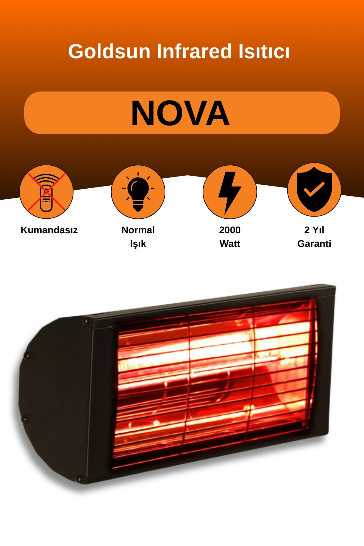GOLDSUN Nova 2000 Watt GSN20 Kumandasız Elektrikli İnfrared Isıtıcı-Siyah