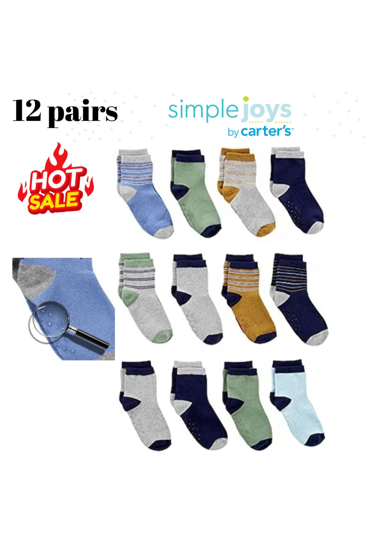Simple Joys by Carter's-Set of 12 pairs of children's socks Simple Joys 2-3 years, non-slip 1