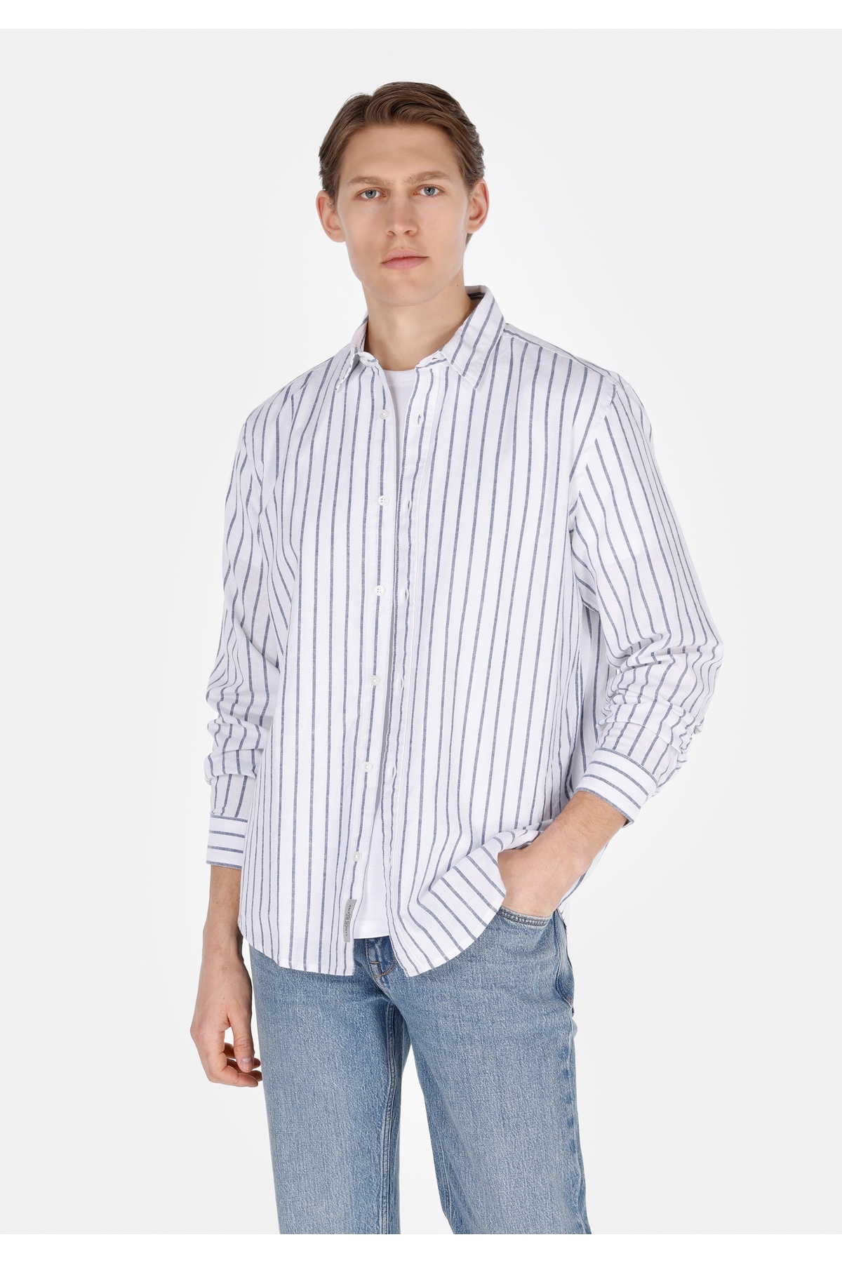 کالینز پیراهن مردانه آستین بلند سرمه‌ای بدون جیب یقه گرد معمولی