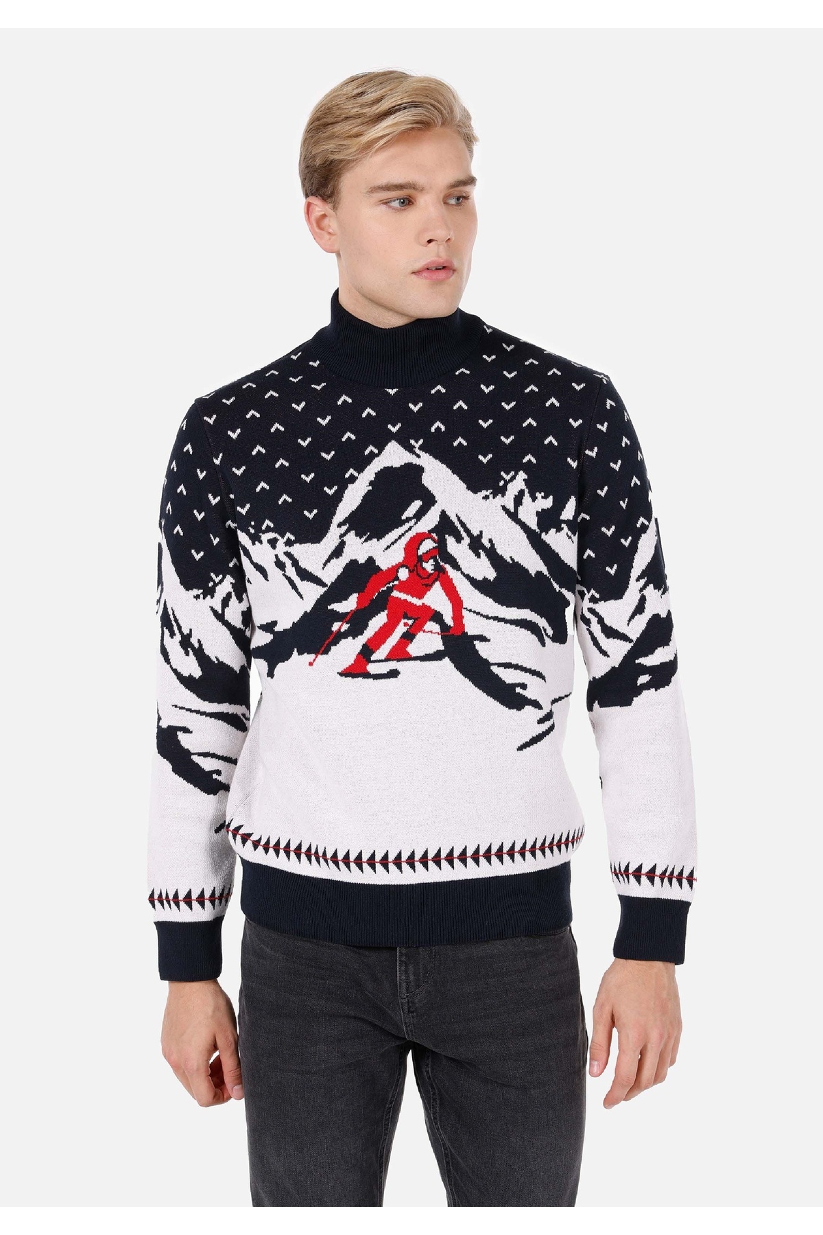 کالینز ژاکت مردانه یقه اسکی نیم یقه اسکی معمولی فیت مدل ژاکارد سرمه‌ای