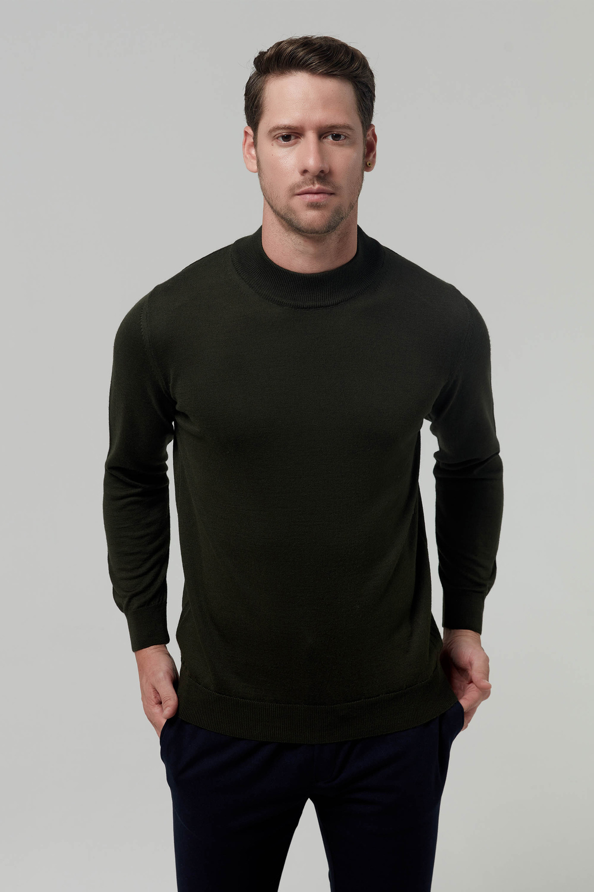 دی اس دامات ژاکت بافتنی پشمی ساده خاکی دی‌دامات مدل Regular Fit