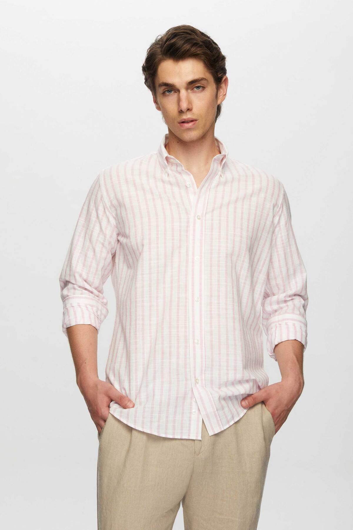 پیراهن کتان تابستانی ۱۰۰٪ پنبه‌ای راه راه صورتی DS Damat Slim Fit دی اس دامات پیراهن D'S Damat