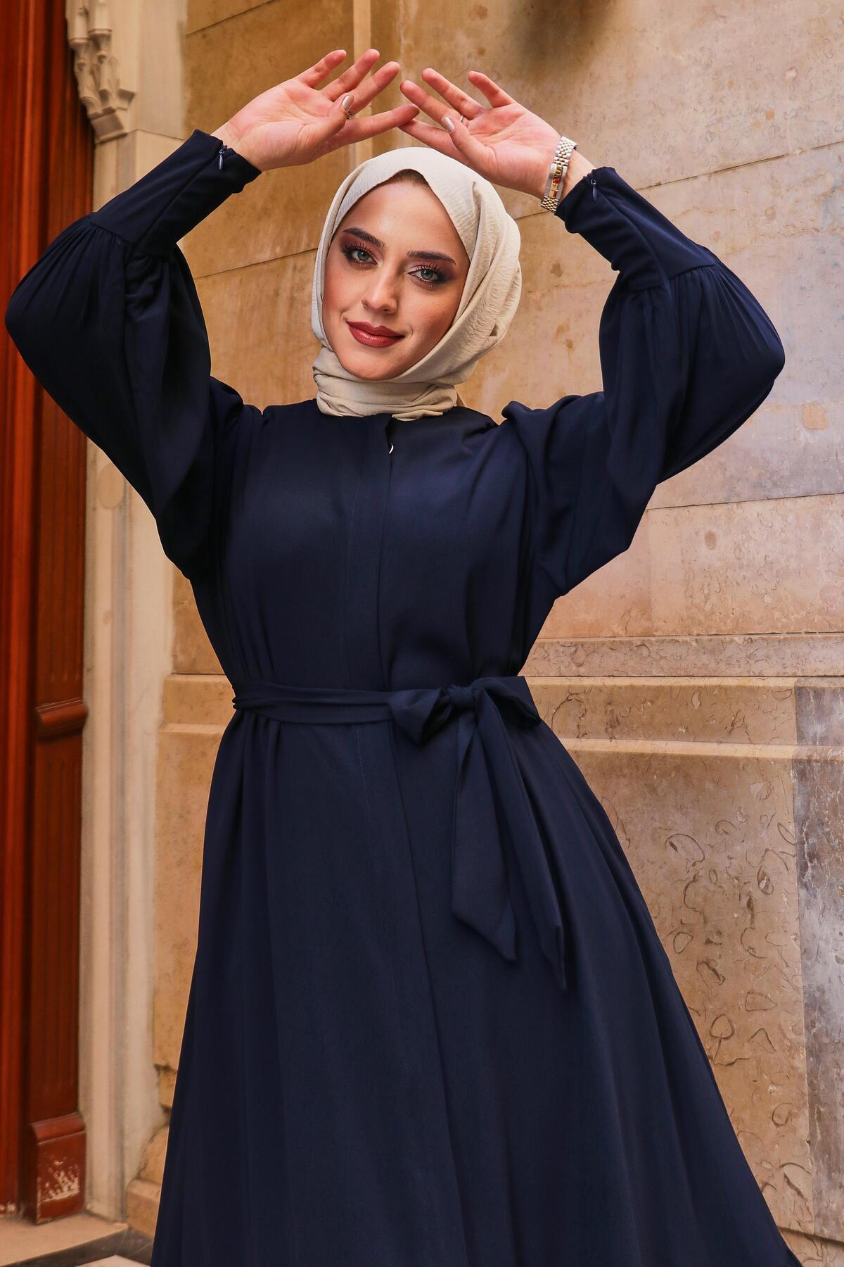Balloon Sleeve Ruffle Detailed Crepe Sena Abaya - Navy