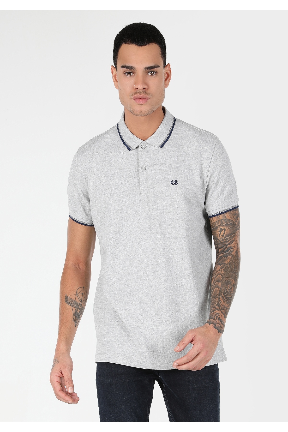 کالینز تی‌شرت آستین کوتاه مردانه خاکستری ساده یقه پولو سایز معمولی
