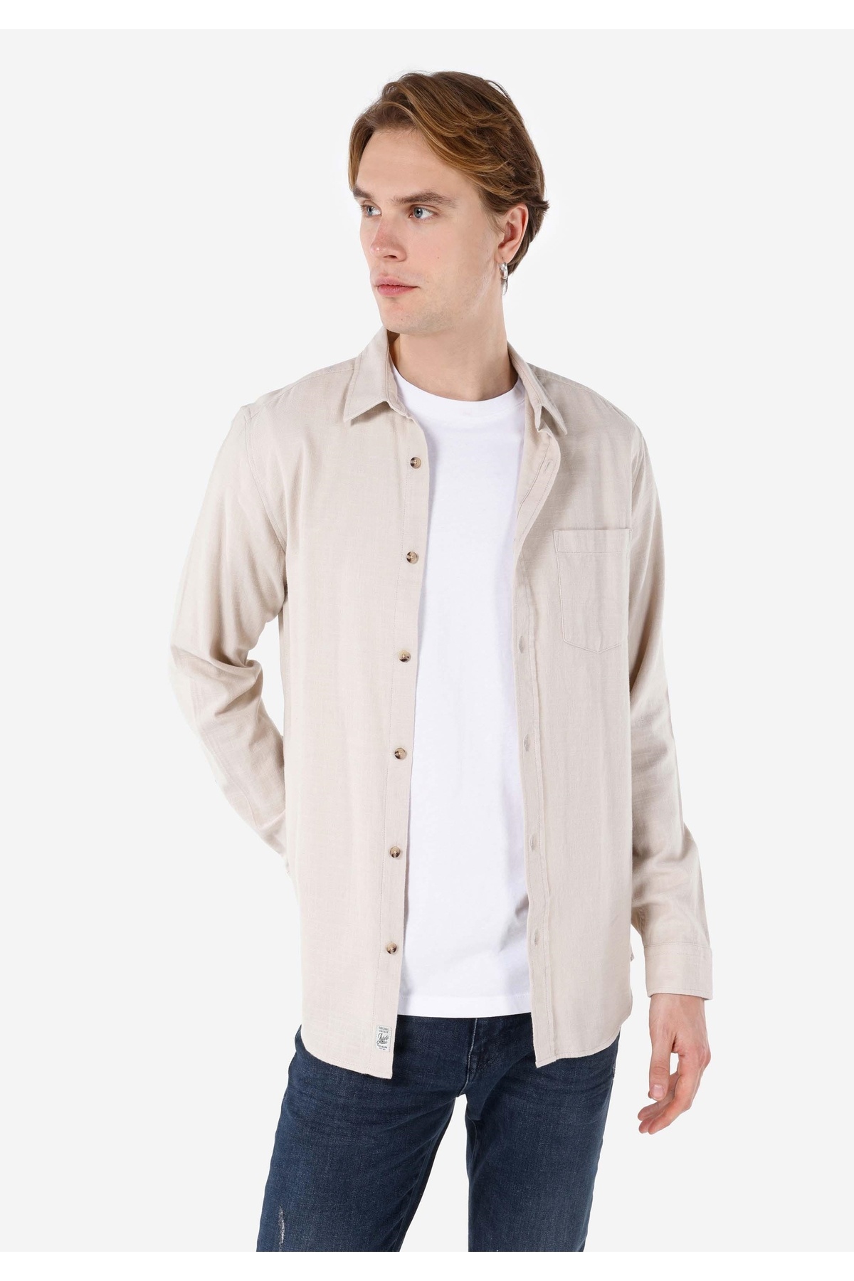 کالینز پیراهن مردانه یقه گرد ساده آستین بلند بژ