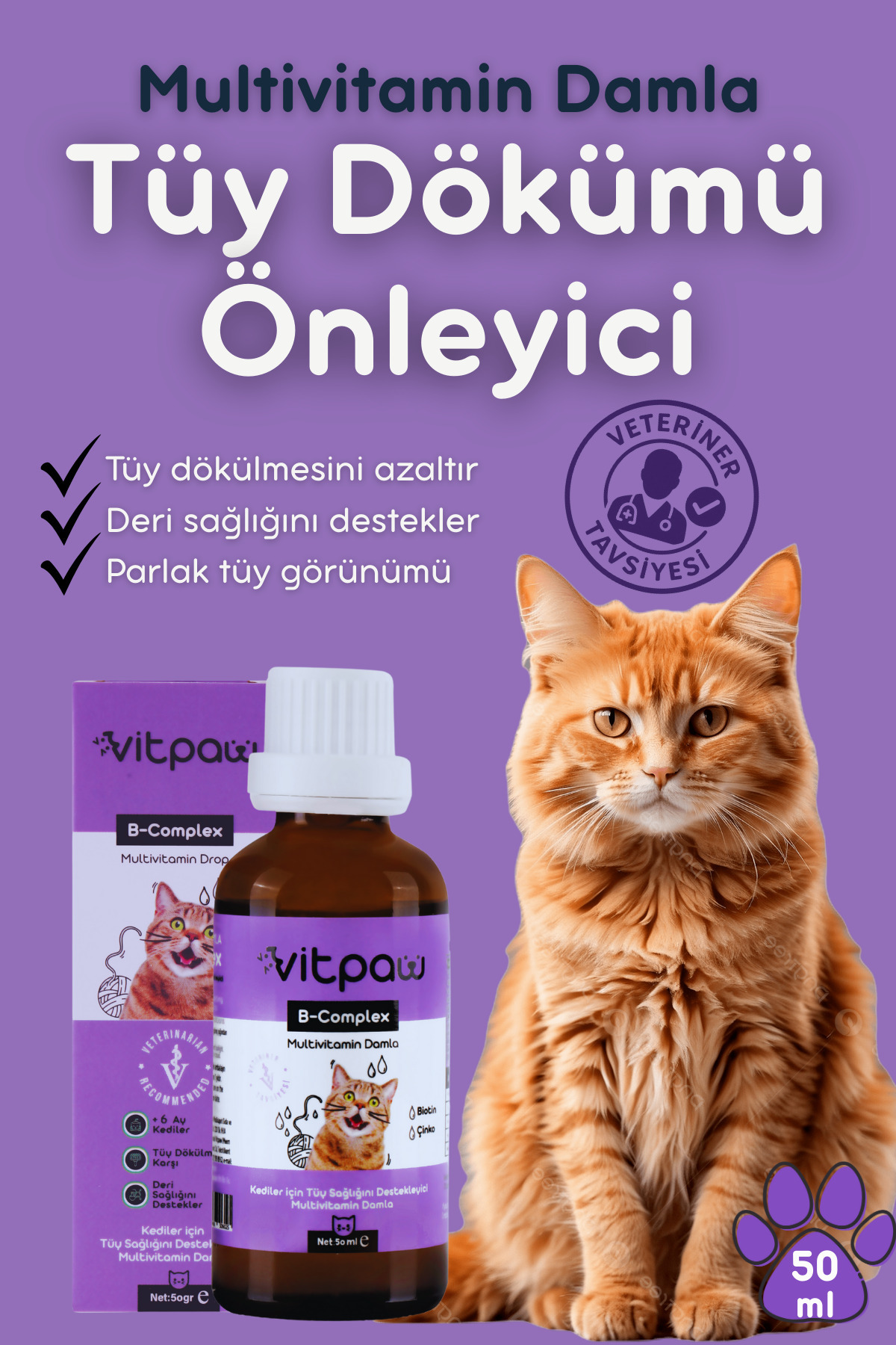 vitpaw B Complex Biotin Damla 50ml - Kediler Için Vitamin, Tüy Dökülme Önleyici, Deri Ve Tüy Sağlığı