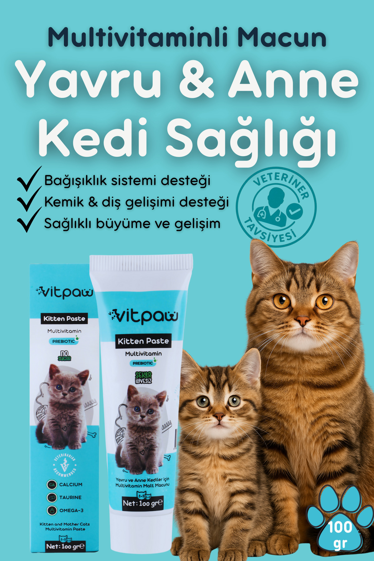 vitpaw Kitten Paste 100 Gr(YAVRU & ANNE KEDİ BAĞIŞIKLIK SAĞLIĞI MULTİVİTAMİN MALT MACUN)yavru Kedi Vitamini