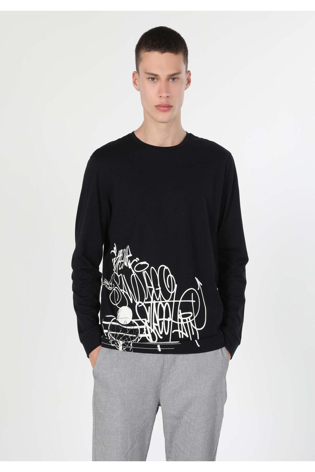 کالینز تی‌شرت آستین بلند مردانه ساده یقه گرد معمولی فیت مشکی