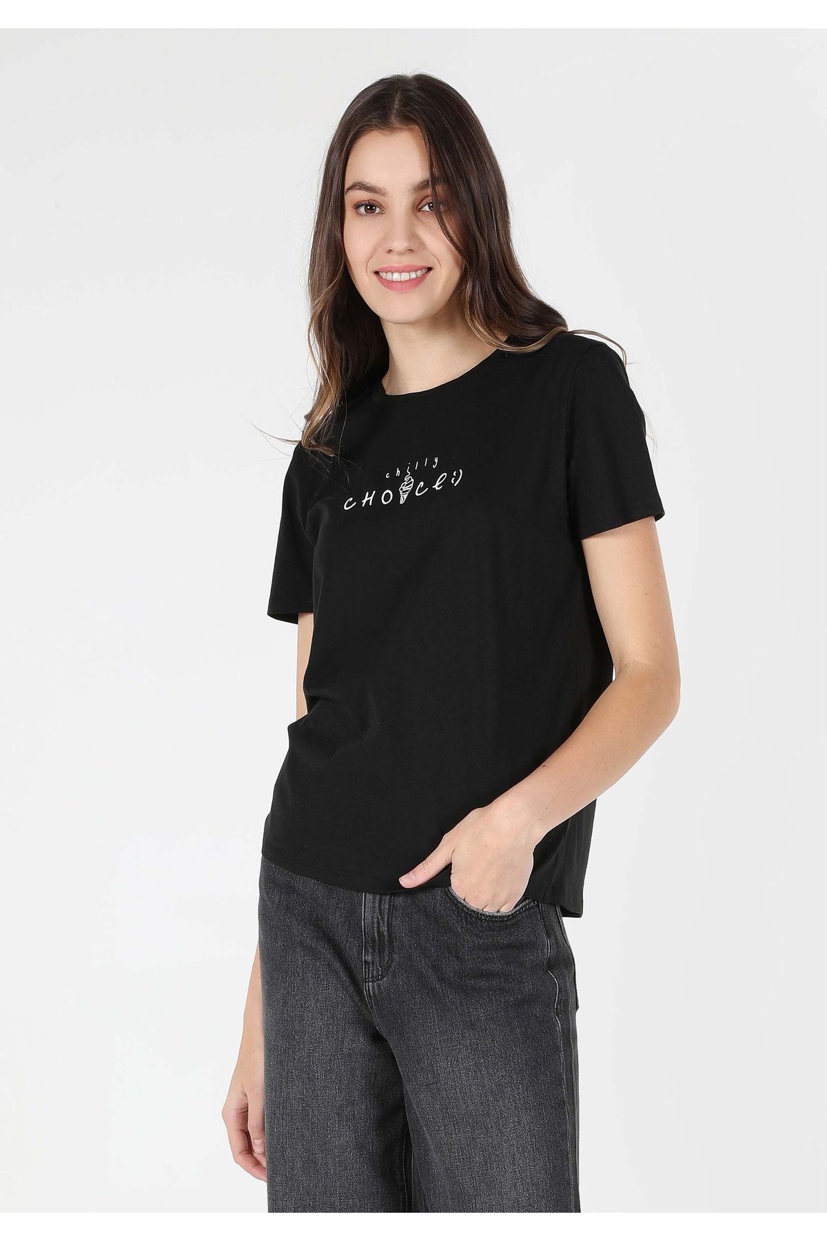 Colin's-Regular Fit Crew Neck Printed Black Women's Short Sleeve T-Shirt 3