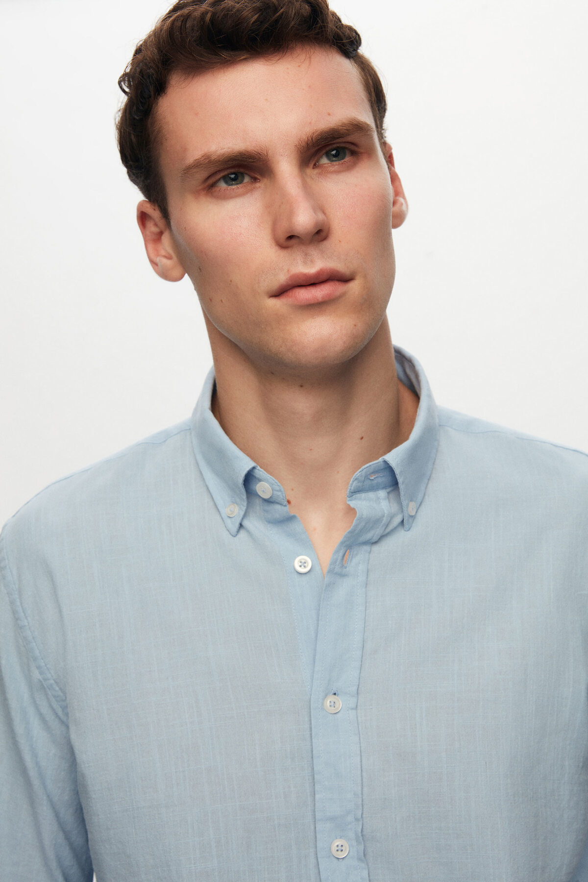 D'S Damat  Ds Damat Slim Fit Mavi Düğmeli Yaka %100 Pamuk Yazlık Flamlı Keten Görünümlü Gömlek - Görsel 3