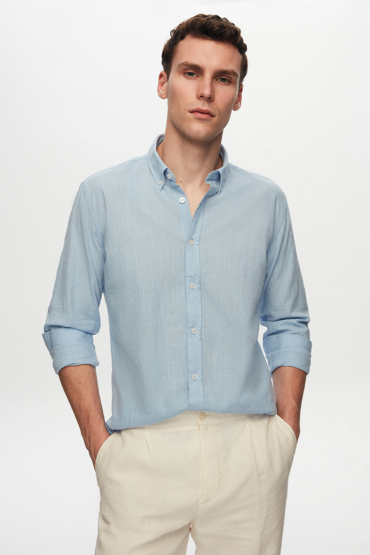 D'S Damat  Ds Damat Slim Fit Mavi Düğmeli Yaka %100 Pamuk Yazlık Flamlı Keten Görünümlü Gömlek