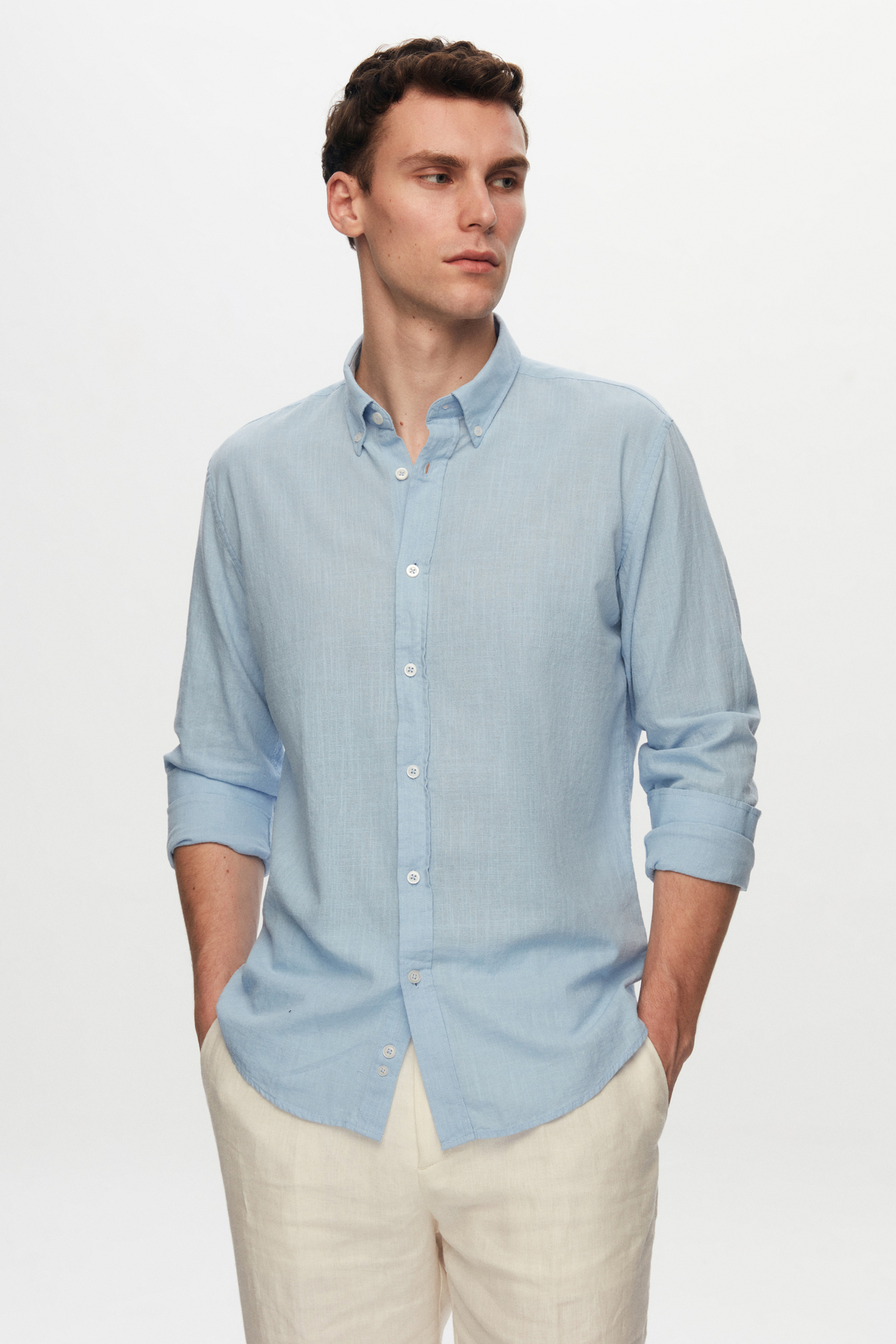 D'S Damat  Ds Damat Slim Fit Mavi Düğmeli Yaka %100 Pamuk Yazlık Flamlı Keten Görünümlü Gömlek - Görsel 4
