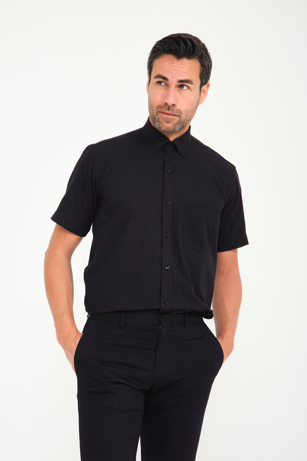 Classic Short Sleeve Linen Linen Neck Buttoned Gift Boxed Men's Shirt FS-001202-Black