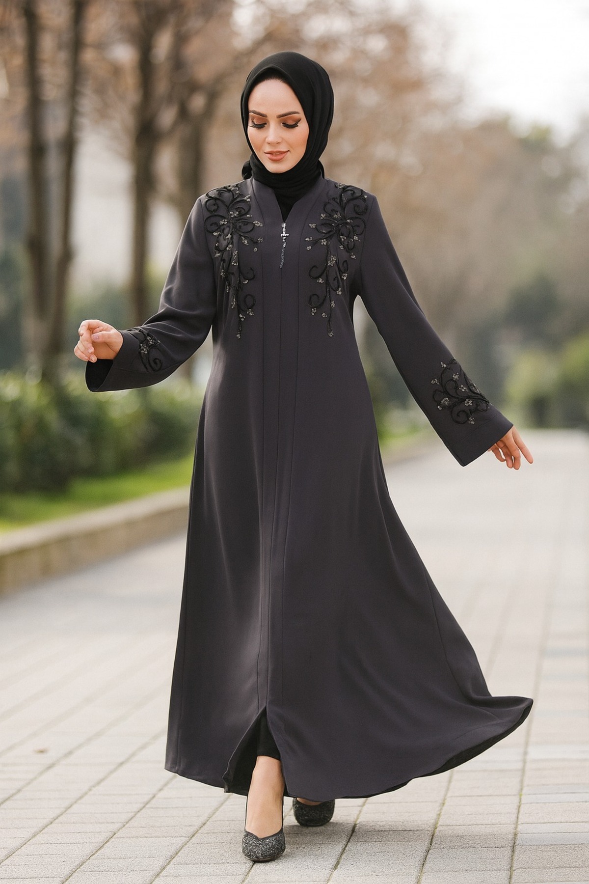 Neva Style-Bead Embroidered Smoked Hijab Abaya 29107Fu 1