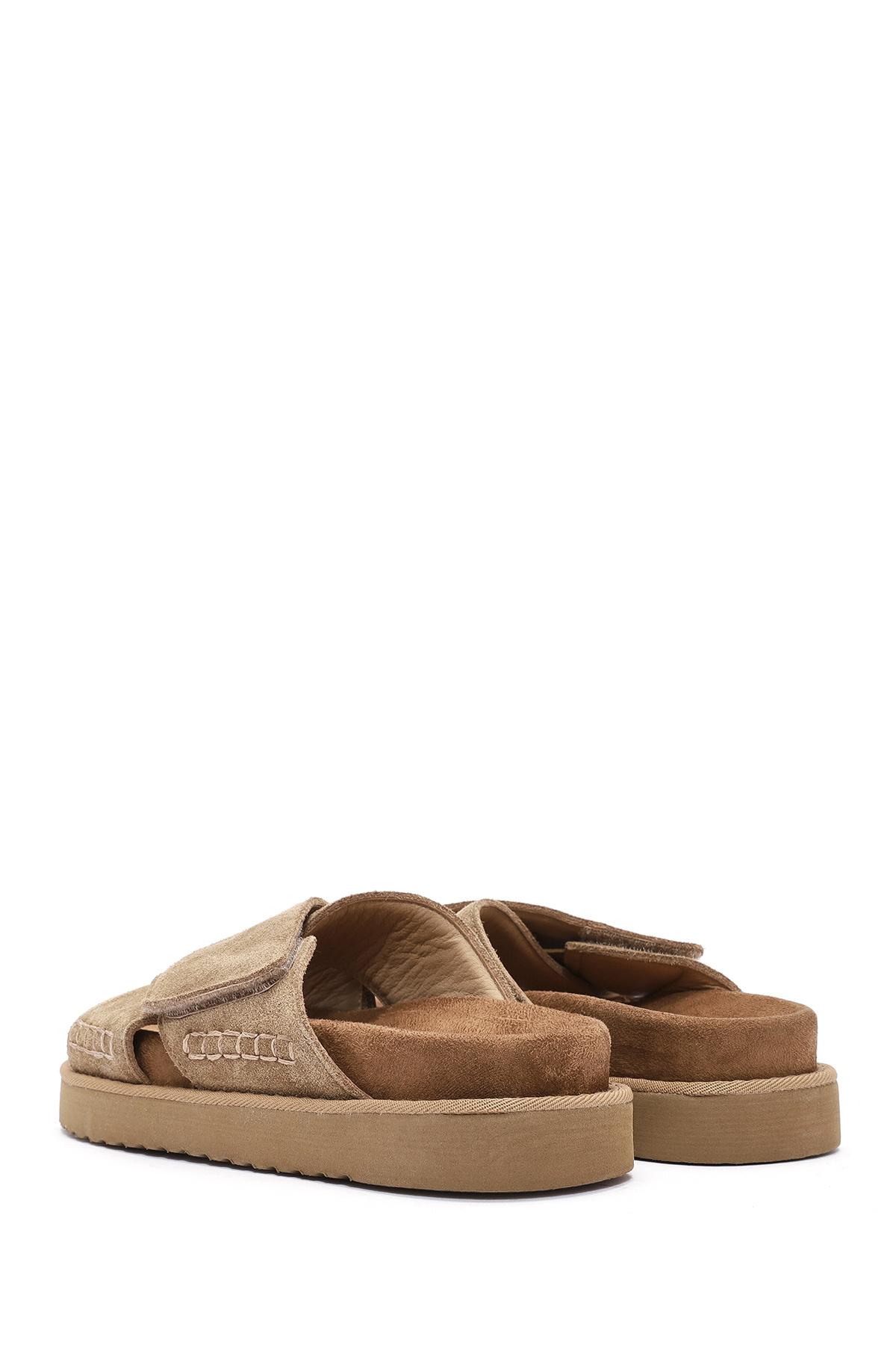 Derimod-Women's Tan Banded Thick Soled Suede Leather Slippers 25Sfd405210 5