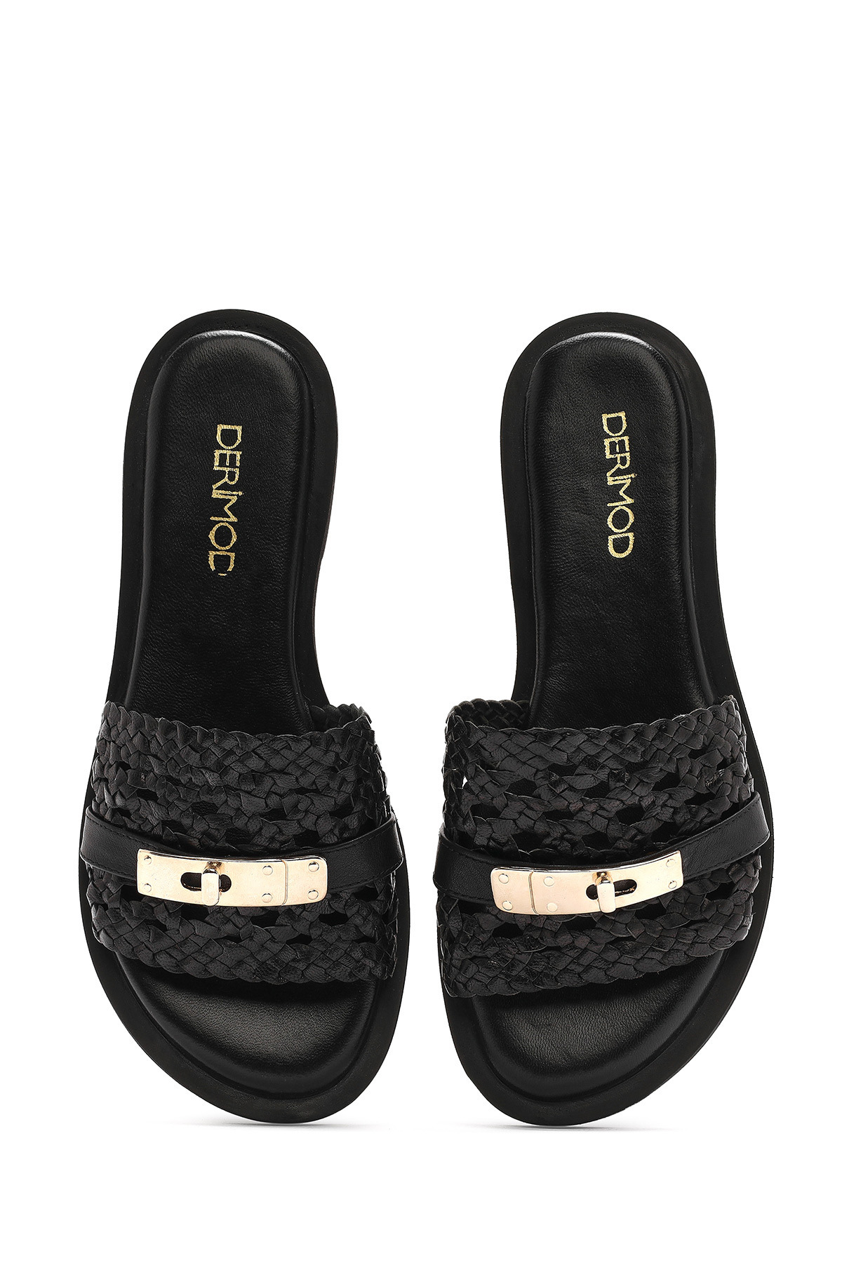Derimod-Women's Black Knitted Leather Slippers 25Sfd 200629 7