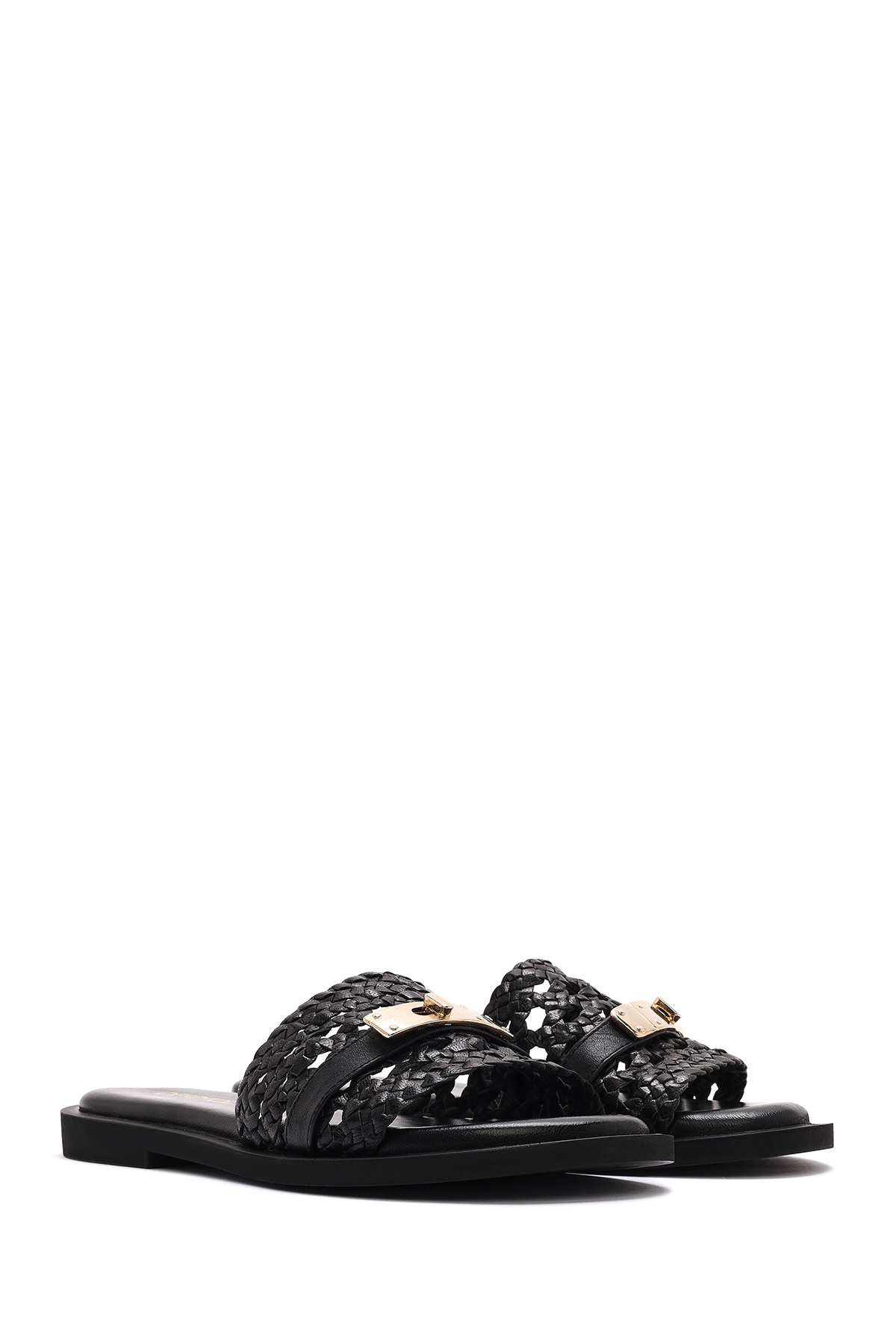 Derimod-Women's Black Knitted Leather Slippers 25Sfd 200629 3