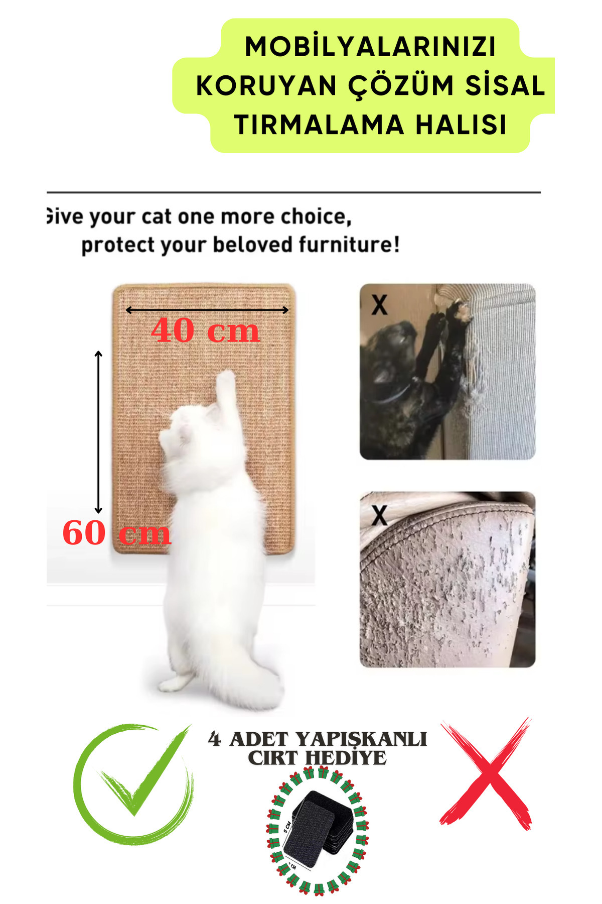AKTURK HOME Doğal Sisal Kedi Tırmalama Matı 60x40 Cm Kedi Otlu Duva Zemin Mobilya Uyumlu Çok Yönlü Kullanım