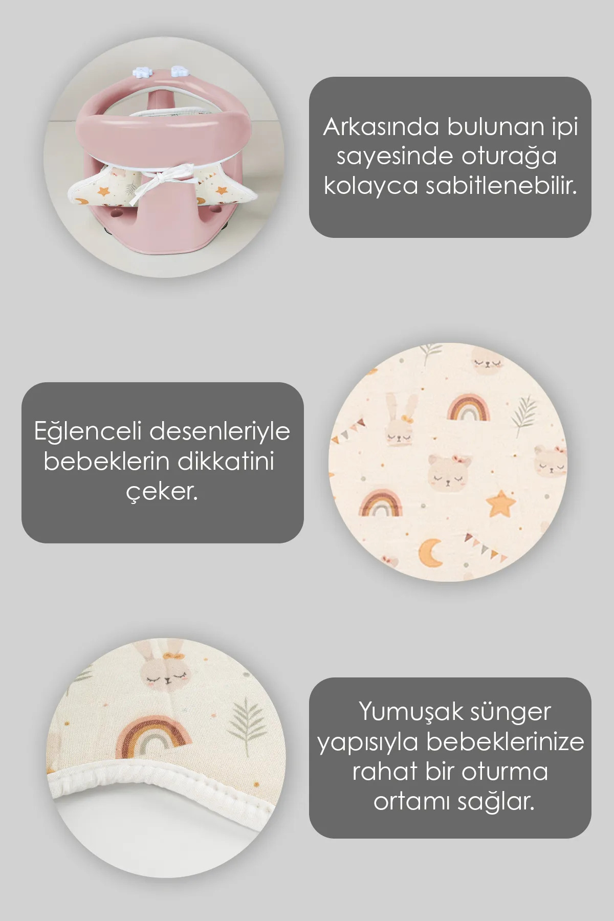 Meleni Baby Vakum Tabanlı Bebek Mama Sandalye Oturağı Oyuncaklı Banyo Oturağı Alt Açma Örtüsü Hediyeli Pembe fotoğrafı 2 (önizleme)