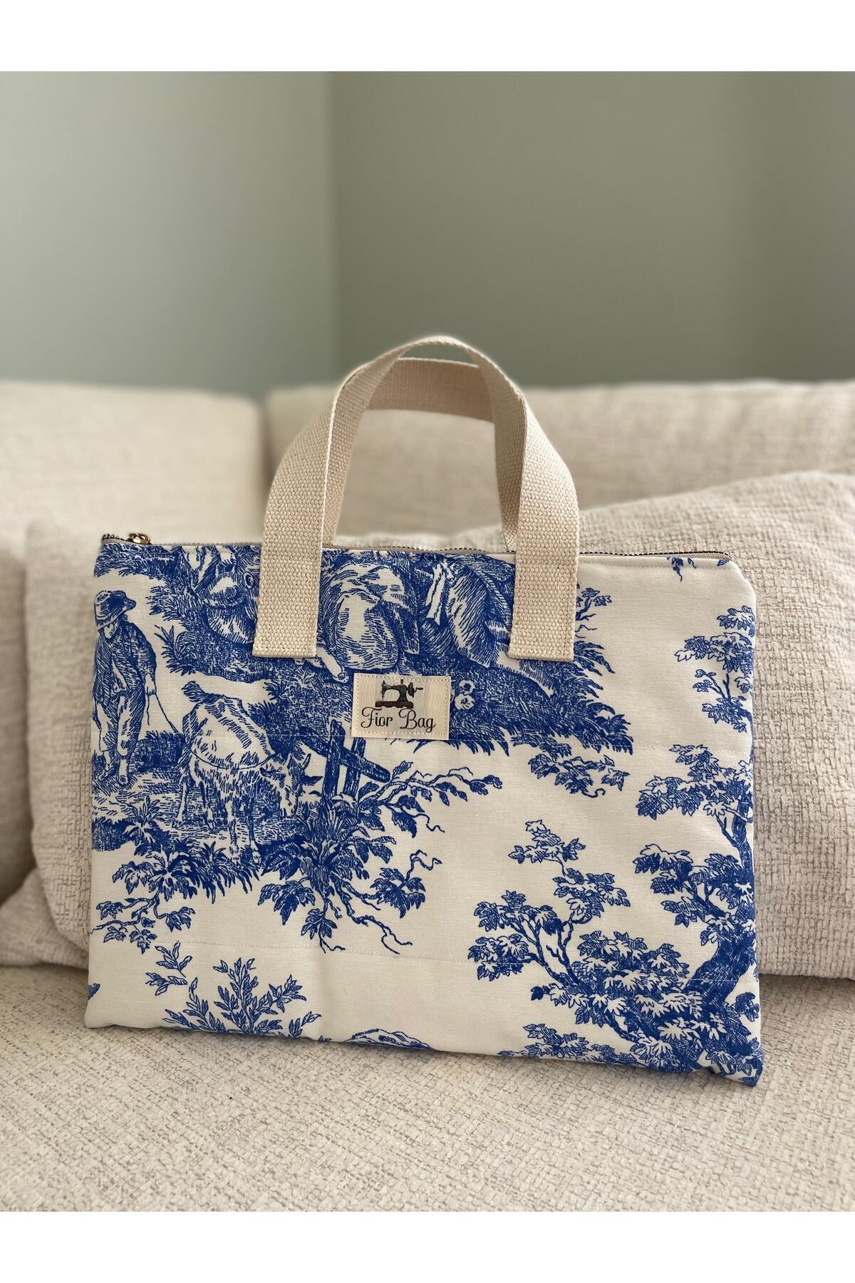 Fiorbag El Yapımı Mavi Toile de Jouy Desenli 11 İnç Tablet Çantası Gündelik Çanta Kadın Çantası