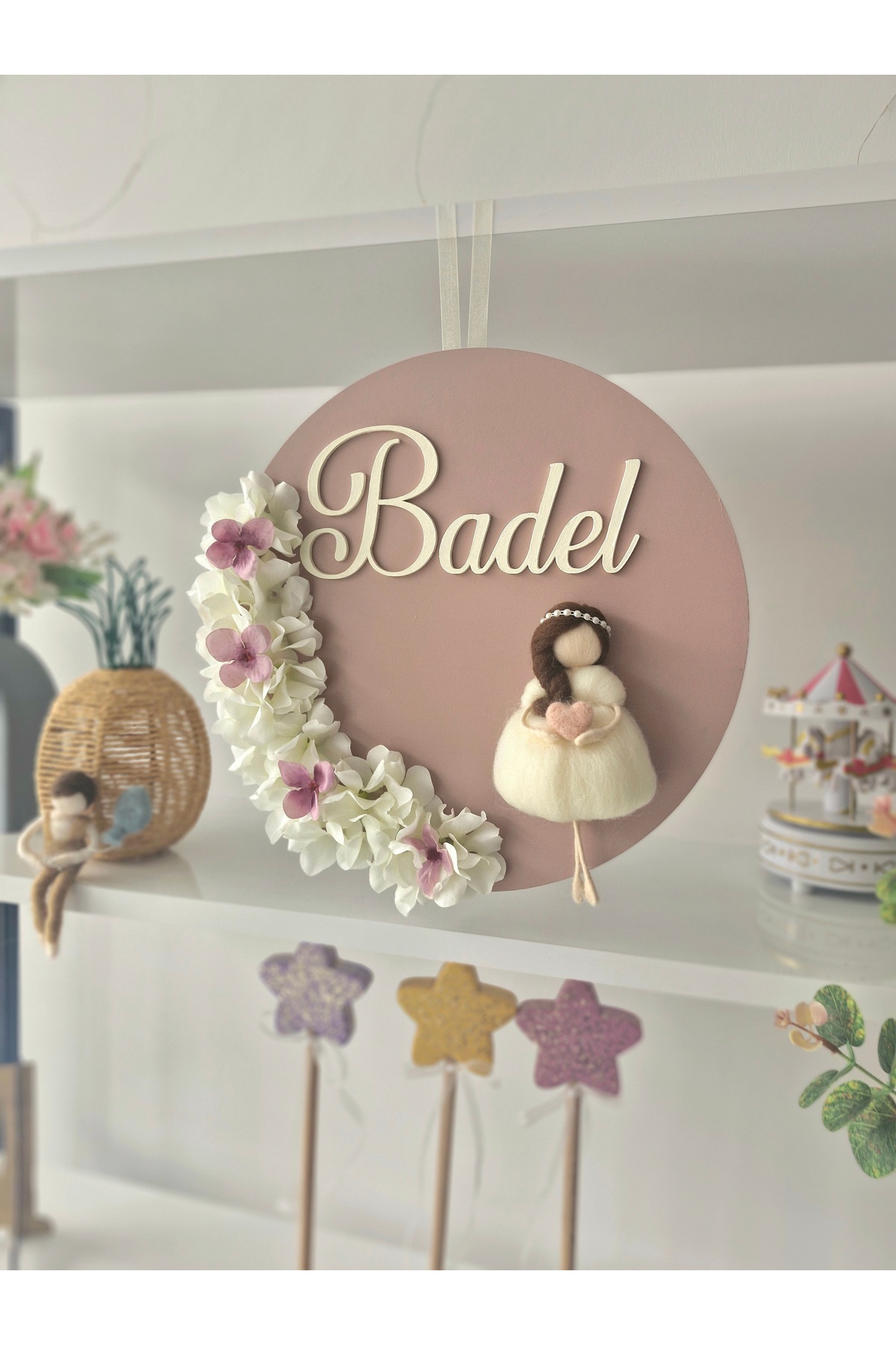 RENKLİ DİZAYN Bebek/çocuk odası kapı süsü,çiçek detalı ahşap kapı süsü,isme özel ahşap pano fotoğrafı 2 (önizleme)