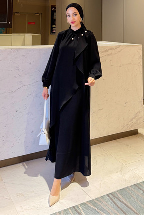 Tesettür Diyarı Kadın Krep Kumaş Yakası İnci Detaylı Levanur Tesettür Elbise