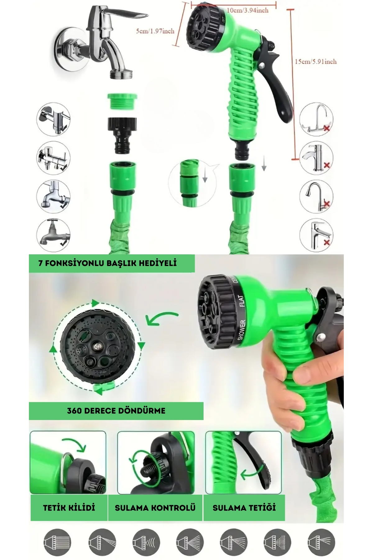 FREED TOOLS 7 Fonksiyonlu Uzayan Hortum l Araç yıkama l Bahçe